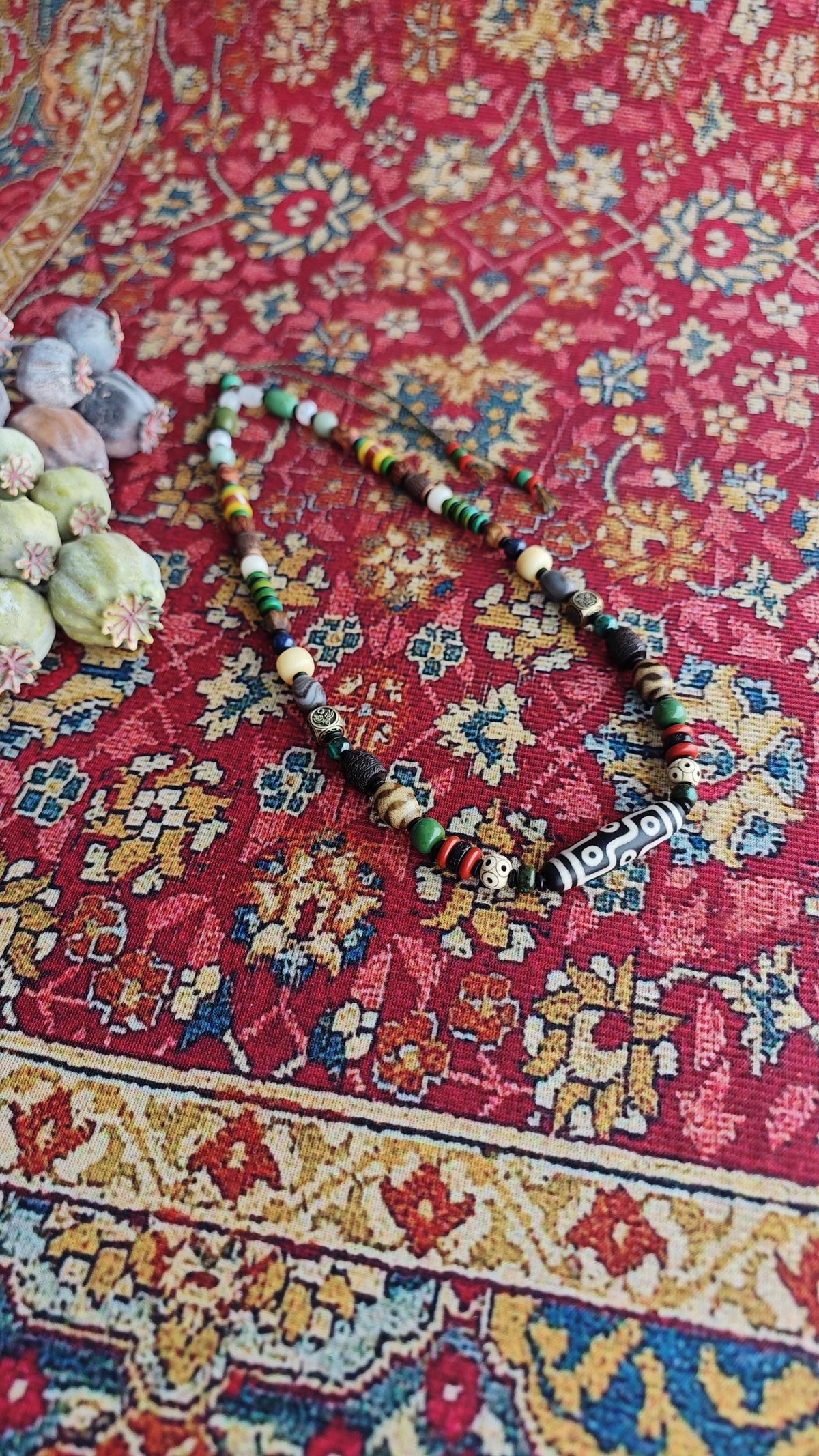 Vintage Tibetan 9 Eye Dzi Bead  Multi Gemstone Necklace, Handcarved Om Mani Padme Hum, Ethnic Tribal Amulet 62-80cm