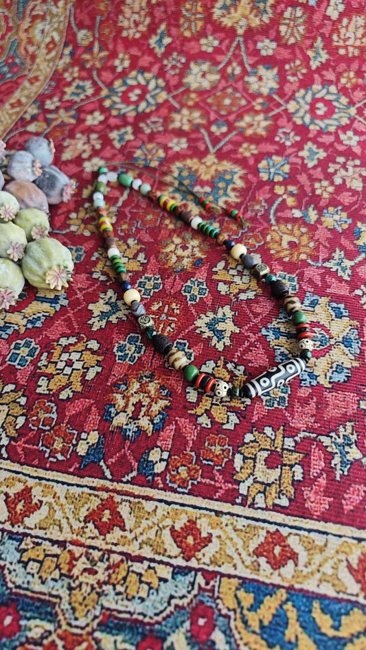 Vintage Tibetan 9 Eye Dzi Bead  Multi Gemstone Necklace, Handcarved Om Mani Padme Hum, Ethnic Tribal Amulet 62-80cm