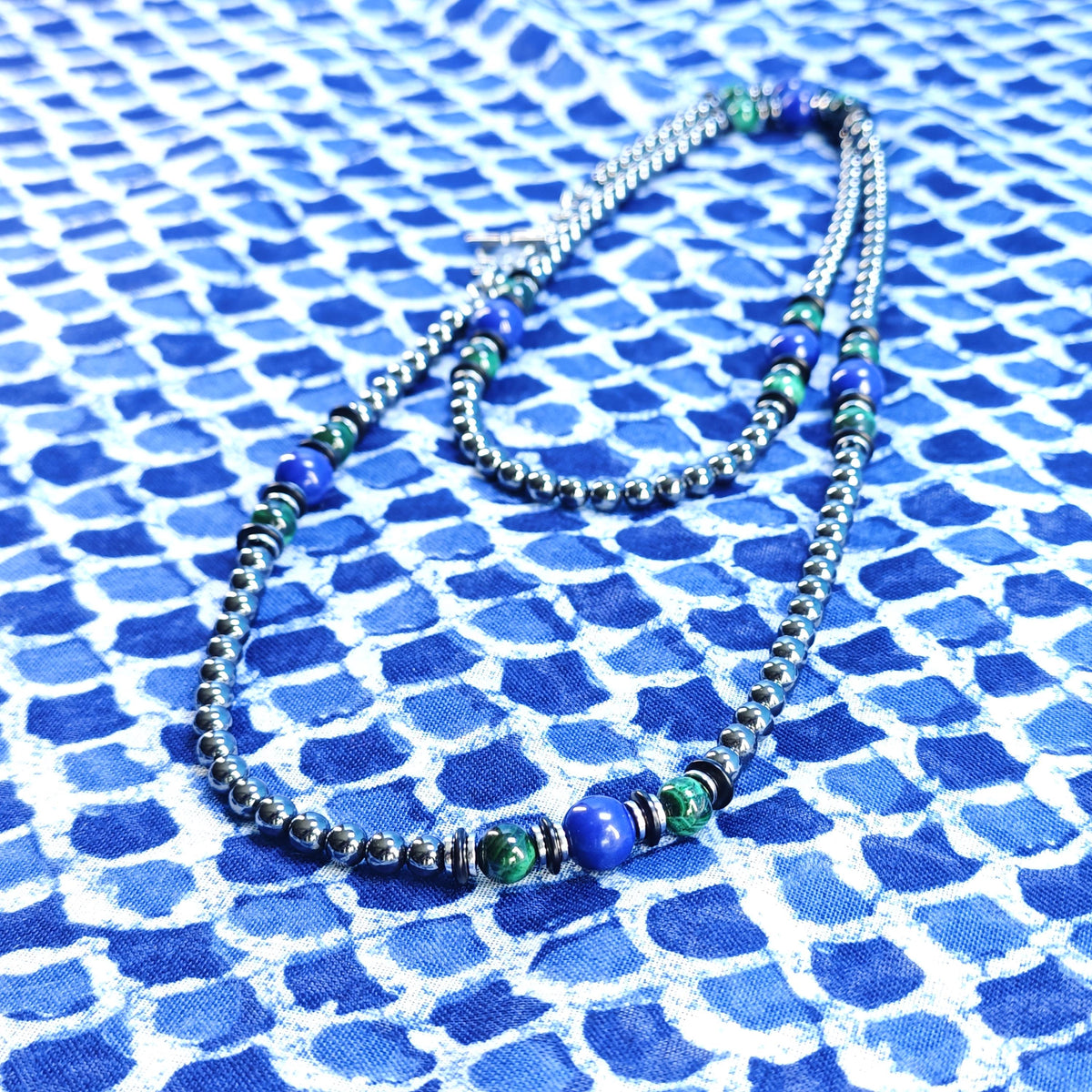 Malachite Lapis Lazuli Hematite Beaded Necklace, Ethnic Boho Double Layer Jewelry