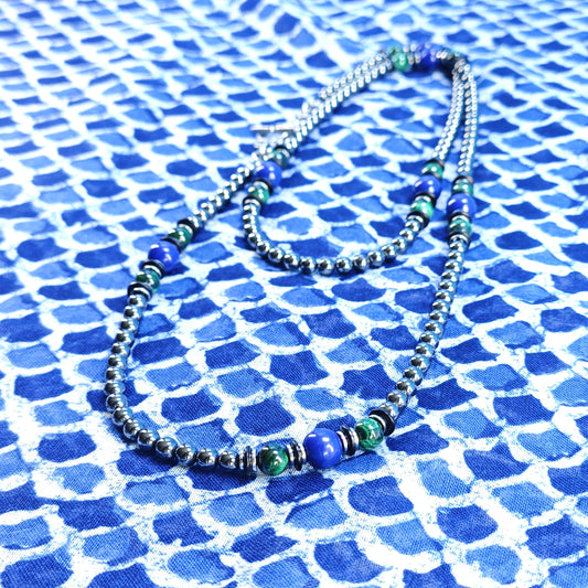 Malachite Lapis Lazuli Hematite Beaded Necklace, Ethnic Boho Double Layer Jewelry