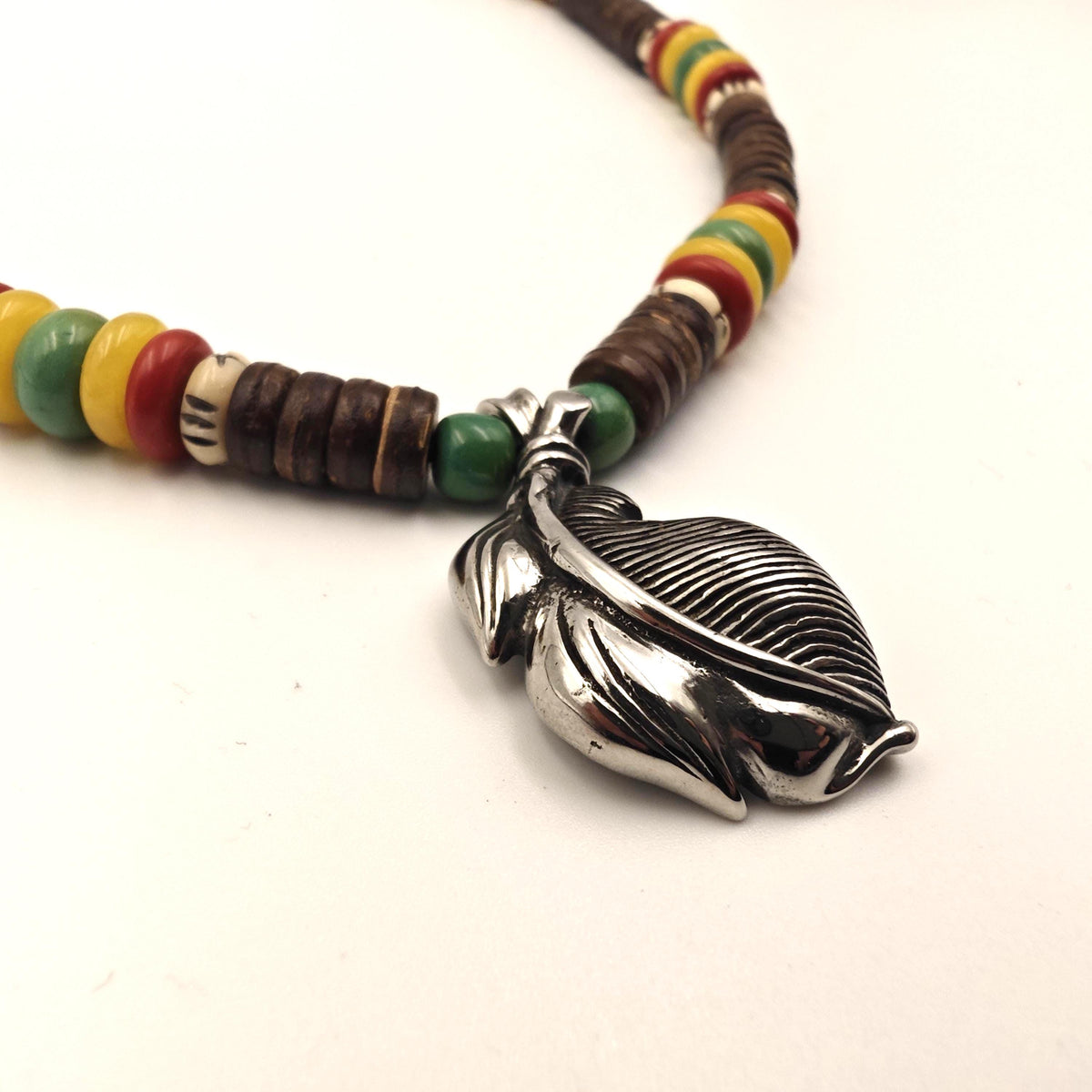 Boho Feather Pendant Beaded Necklace, Turquoise Yellow Jade Red Agate Choker, Yak Bone Tribal Surfer Jewelry, Unisex Gemstone Necklace 58cm