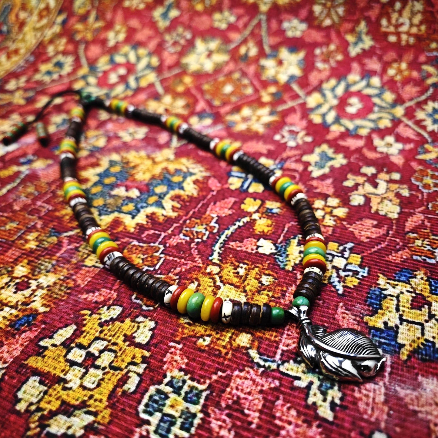 Boho Feather Pendant Beaded Necklace, Turquoise Yellow Jade Red Agate Choker, Yak Bone Tribal Surfer Jewelry, Unisex Gemstone Necklace 58cm