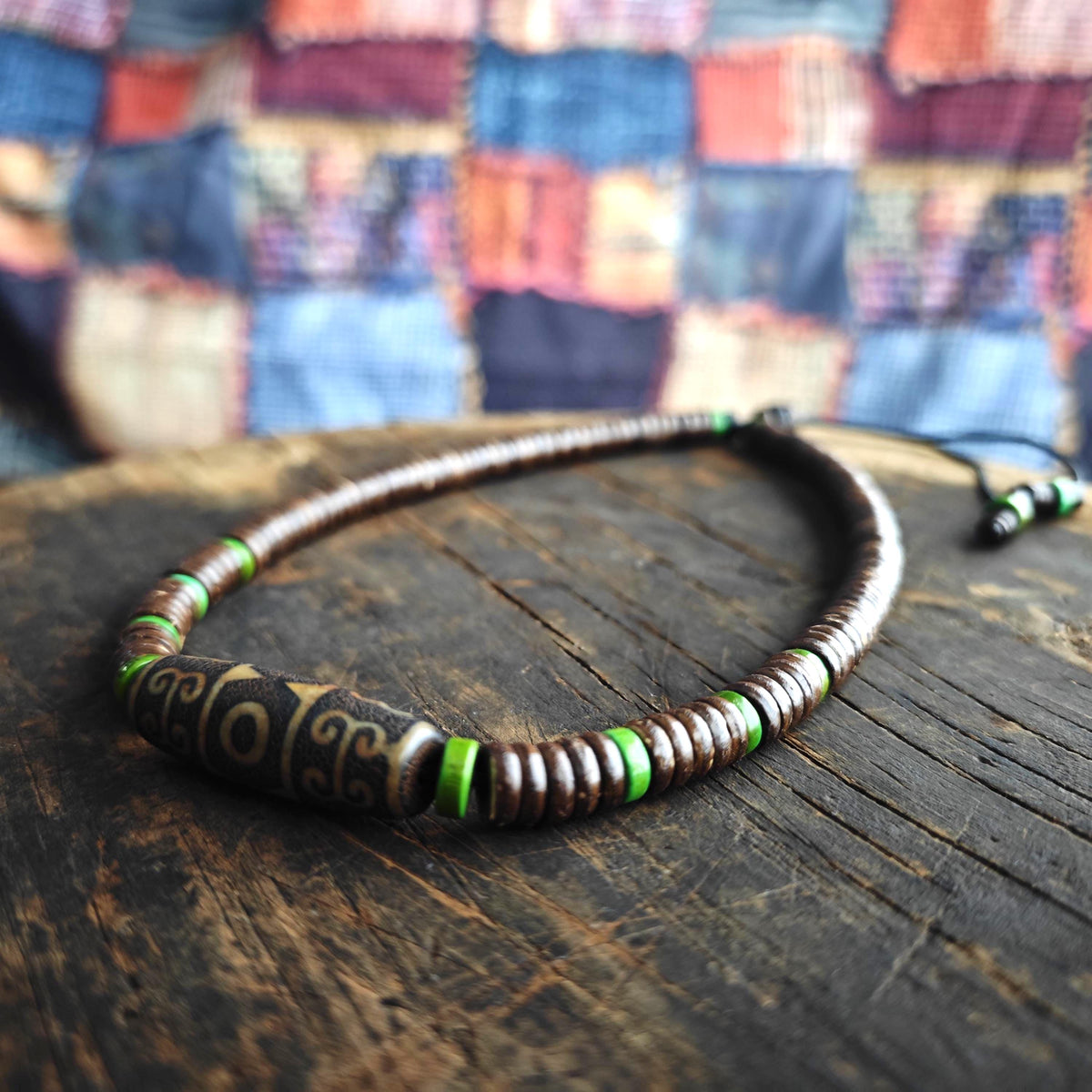 Vintage Tibetan Dzi Bead Necklace, Coconut Shell Heishi Choker, Turquoise Spacer Boho Jewelry, Tribal Mens Surfer Necklace 47cm