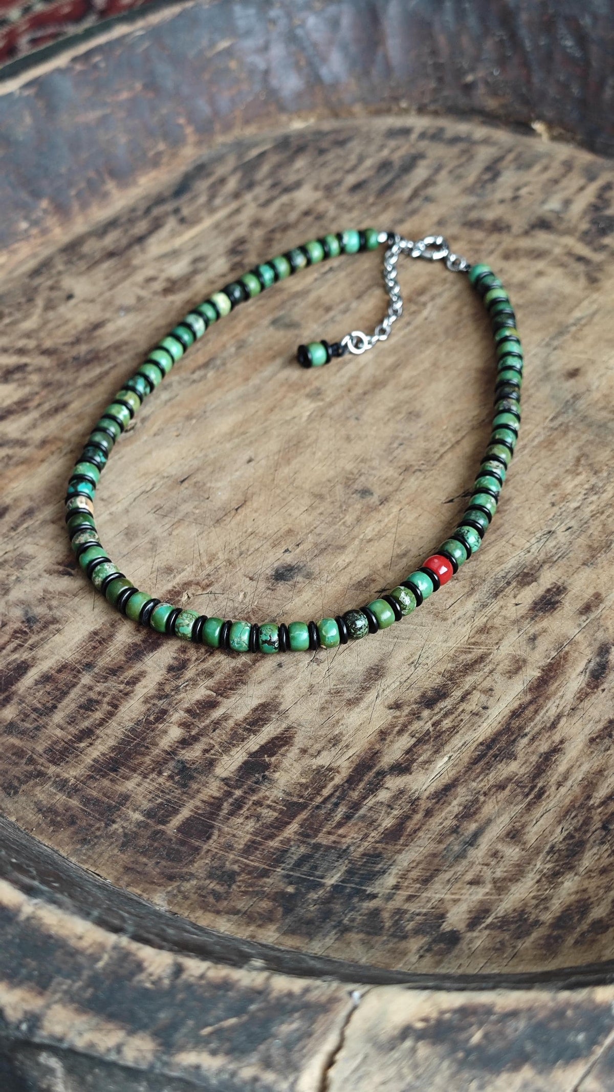 Turquoise Disc Beaded Necklace, Red Agate Accent, Coconut Shell Choker, Unisex Surfer Jewelry (50-58cm)