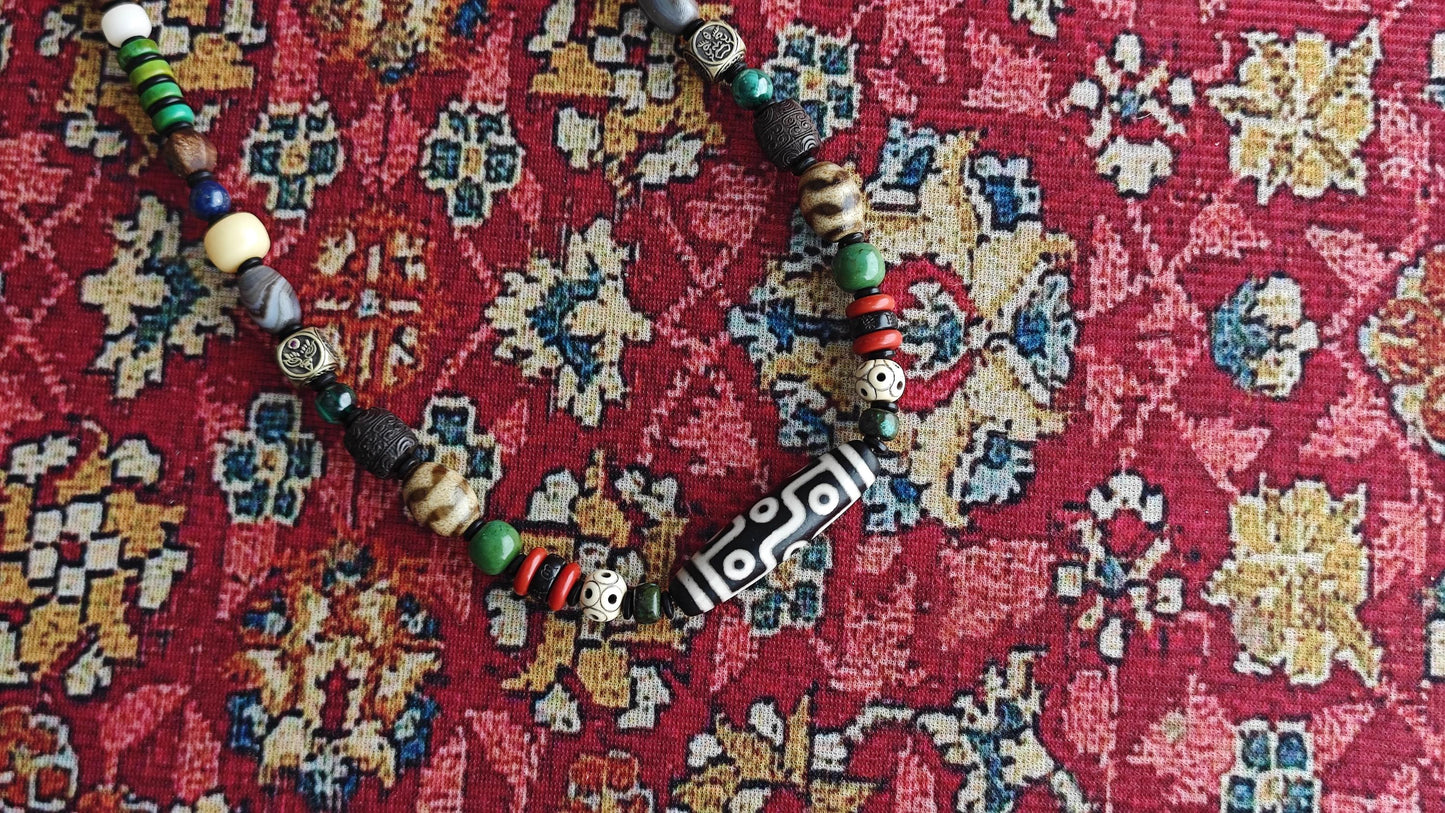 Vintage Tibetan 9 Eye Dzi Bead  Multi Gemstone Necklace, Handcarved Om Mani Padme Hum, Ethnic Tribal Amulet 62-80cm