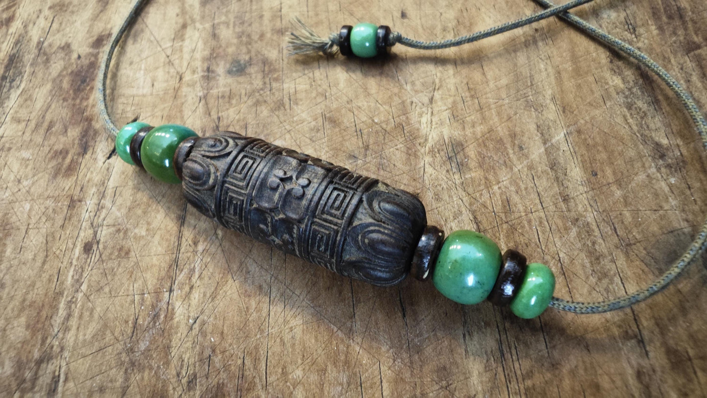Hand Carved Hardwood Necklace, Large Carved Wood Bead Choker, Turquoise Tribal Boho Amulet, Adjustable Cord Pendant 40-70cm