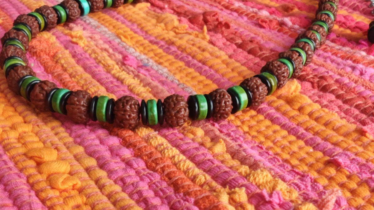 Natural Rudraksha Mala Bead Necklace, Turquoise Coconut Shell Disc, Ethnic Tribal Surfer Jewelry for Men Women, Stainless Steel 53-63cm