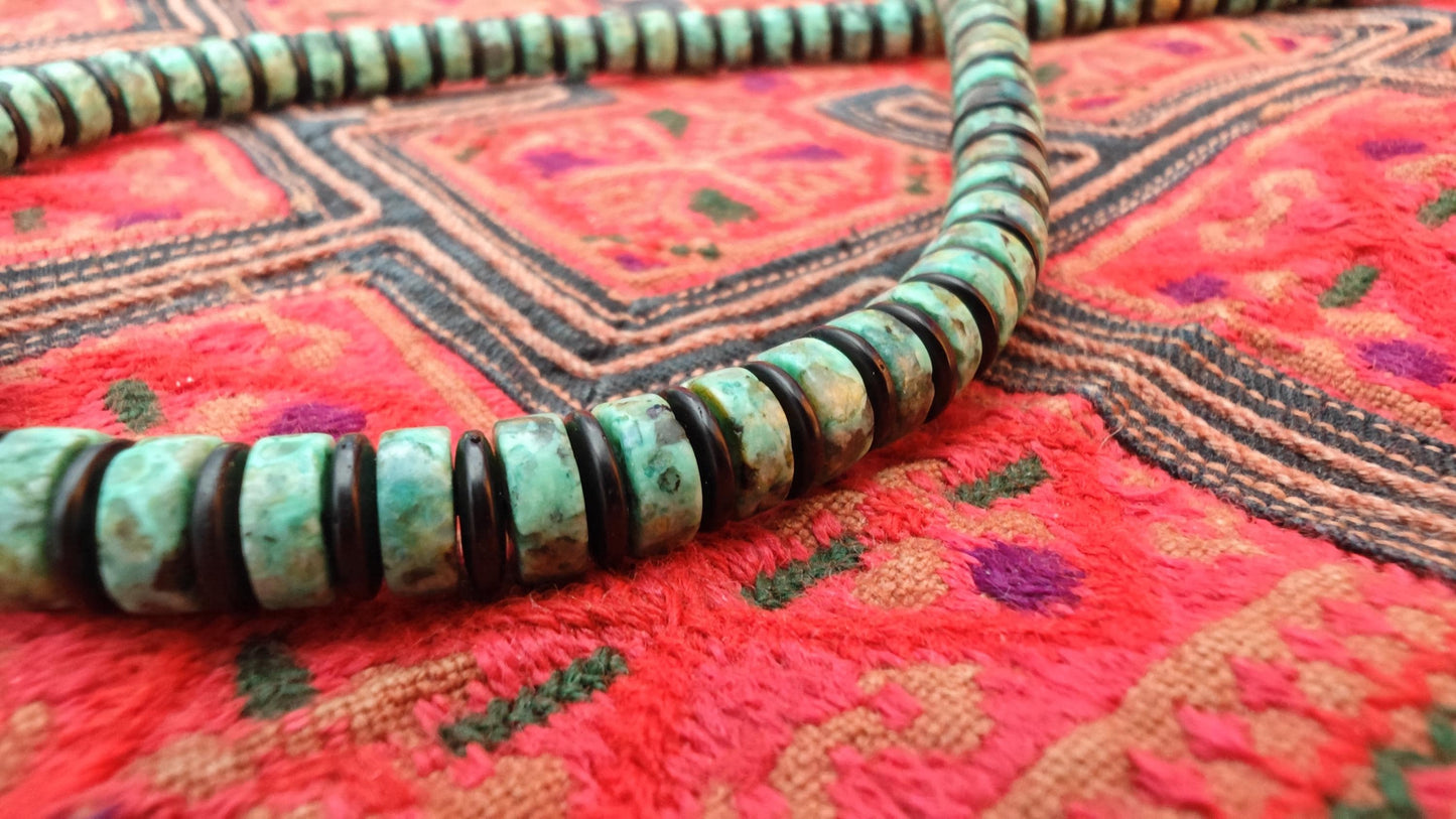 Vintage Tibetan Dzi Bead Turquoise Choker, Rudraksha Mala, Coconut Shell, Tribal Amulet Necklace