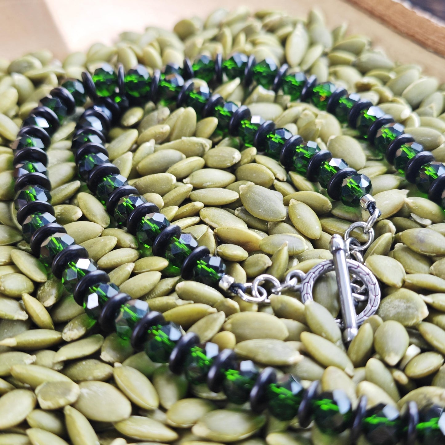 Green Jade Pendant Necklace, Emerald Green Liuli Beaded Choker, Coconut Shell Spacer Boho Jewelry, Stainless Toggle Clasp Necklace 56cm