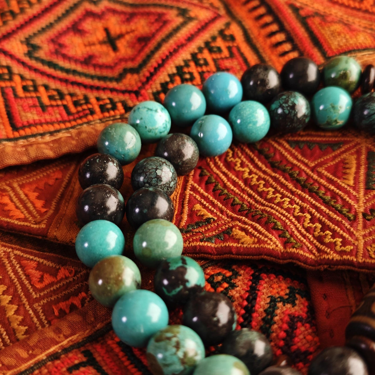 Handmade Vintage Dzi Bead Necklace with Turquoise & Coconut | Ethnic Spiritual Jewelry