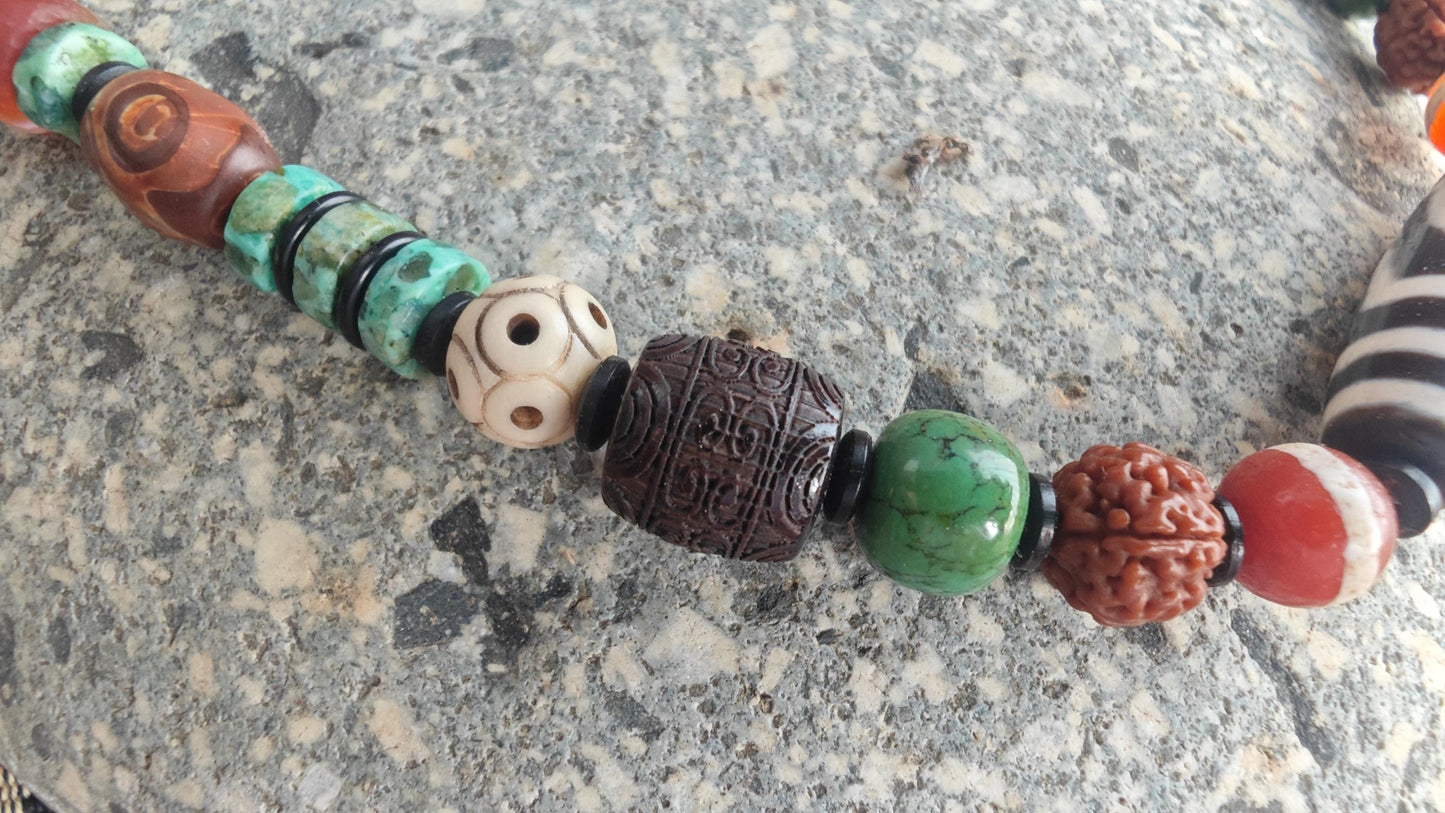 Vintage Tibetan Dzi Bead Multi Gemstone Necklace, Natural Turquoise Agate Rudraksha Mala, Ethnic Tribal Amulet Jewelry, Adjustable 47-62cm