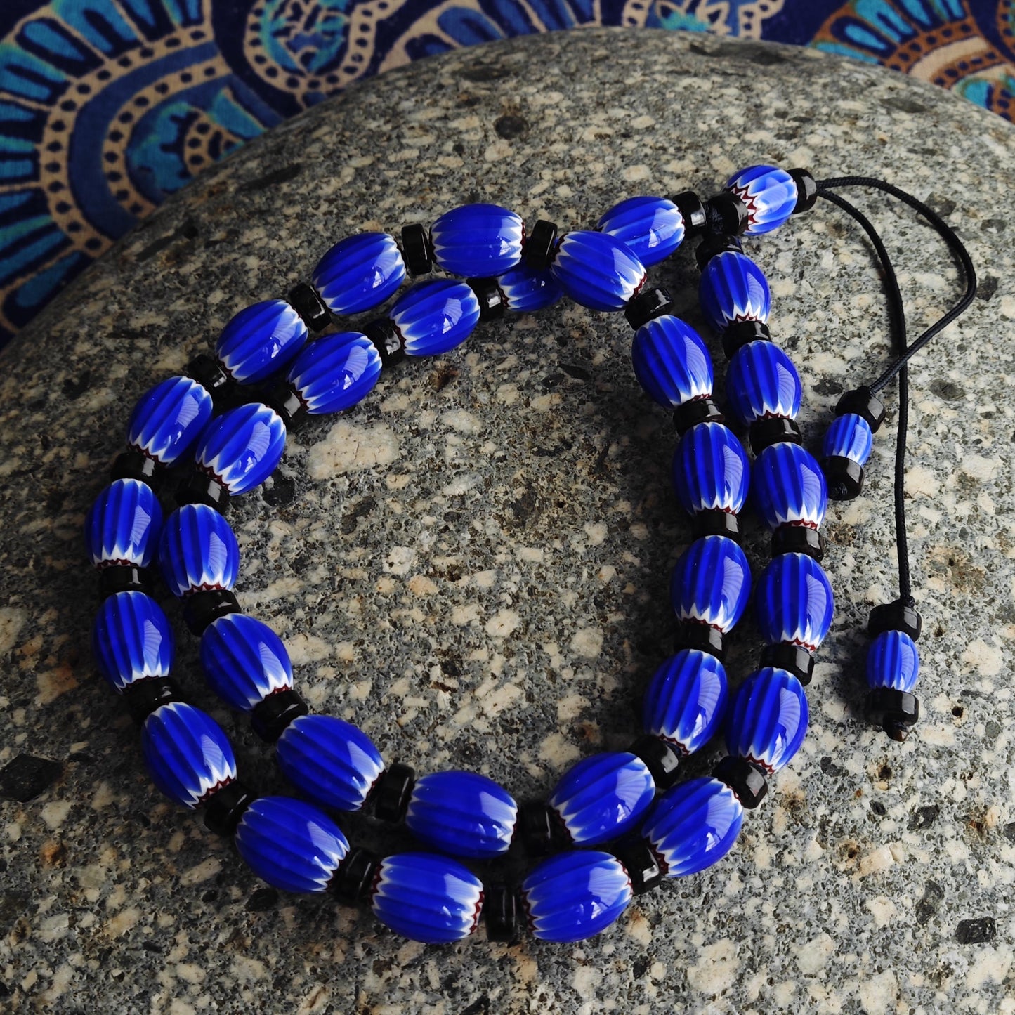 Blue Chevron African Trade Beads Necklace, Coconut Shell Choker, Tribal Boho Glass Jewelry