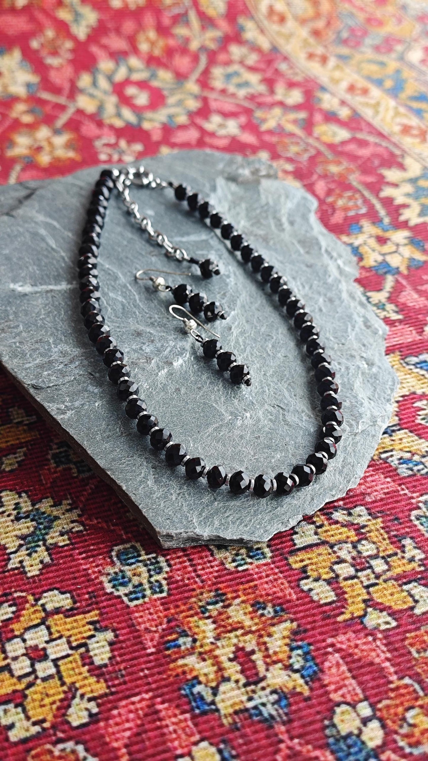 Jet Black Liuli Beaded Necklace Earring Set, Hematite Spacer, 925 Sterling Silver Hook, Gothic Elegant Glass Jewelry Set, 42-50cm