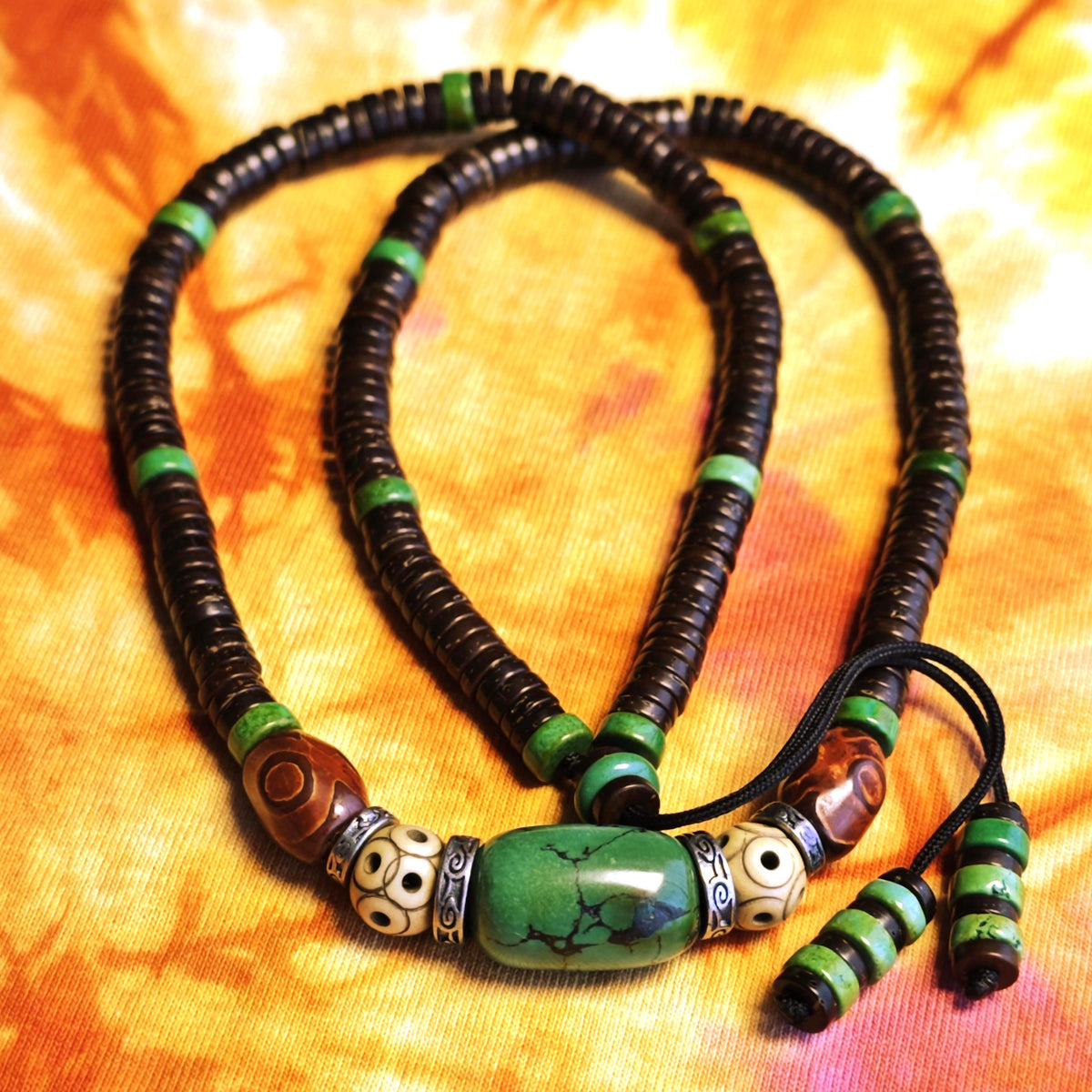 Handmade Turquoise Yak Bone Dzi Bead Necklace | Ethnic Tibetan Tribal Bohemian Jewelry