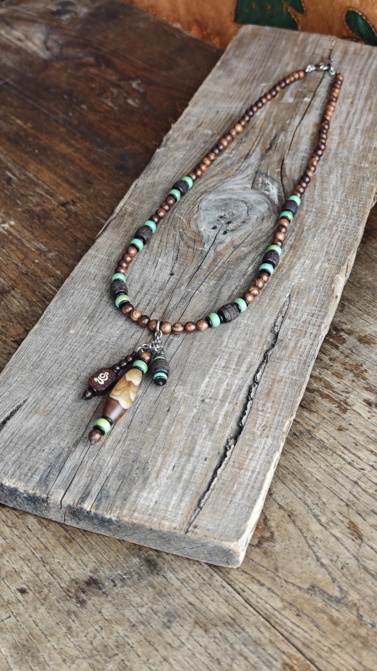 Vintage Tibetan Banded Agate Dzi Necklace, Hardwood Turquoise Mala Statement, Tribal Boho Amulet