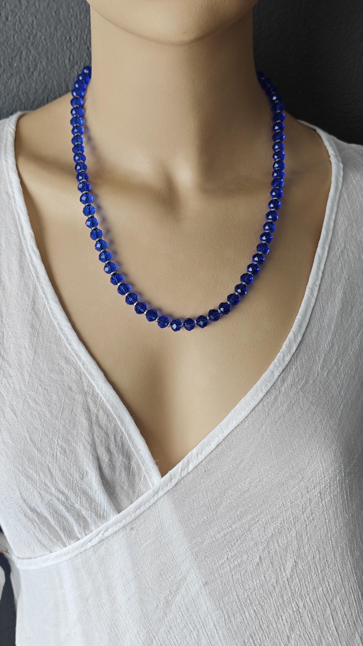 Cobalt Royal Blue Liuli Beaded Necklace Earring Set, Hematite Spacer, 925 Sterling Silver Hook, Handmade Glass Jewelry Set, 42-50cm