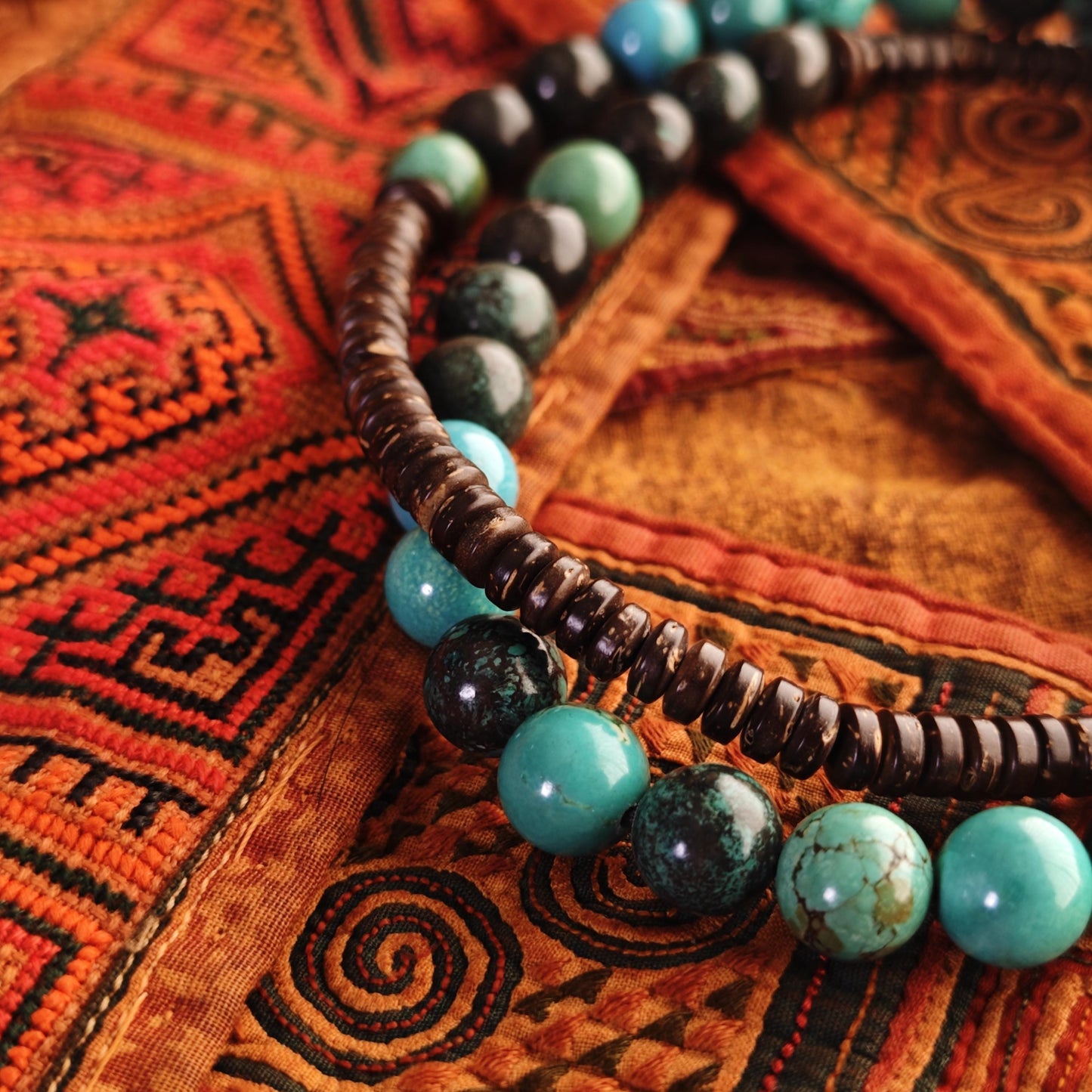 Handmade Vintage Dzi Bead Necklace with Turquoise & Coconut | Ethnic Spiritual Jewelry