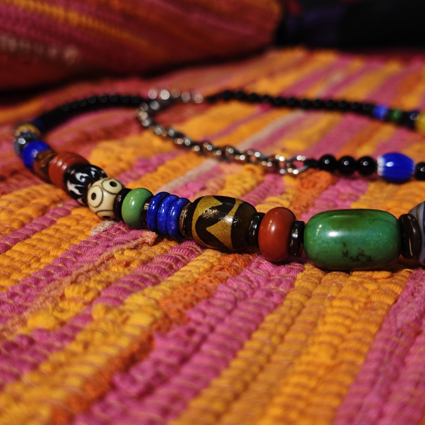 Handmade Multi Gemstone Necklace with Sardonyx, Turquoise & Mini Dzi Bead | Ethnic Bohemian Jewelry