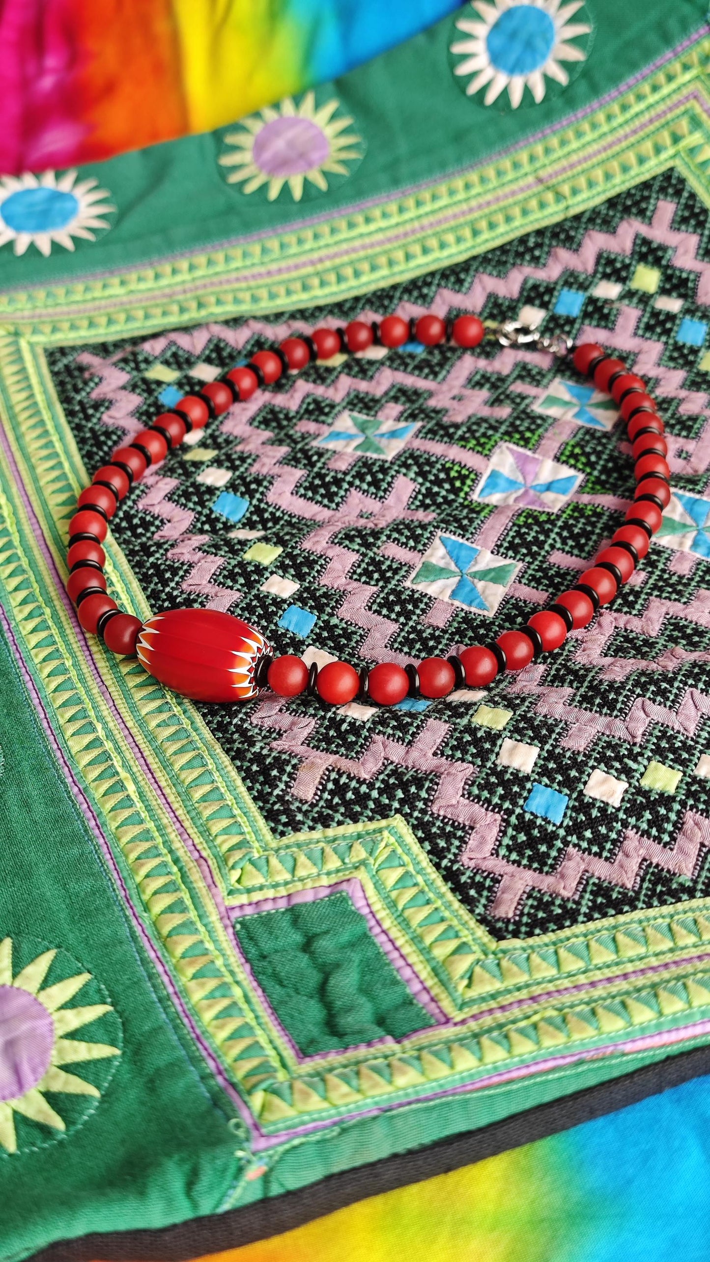 Red Chevron African Trade Bead Necklace, Nan Hong Agate, Coconut Disc, Stainless Steel Clasp