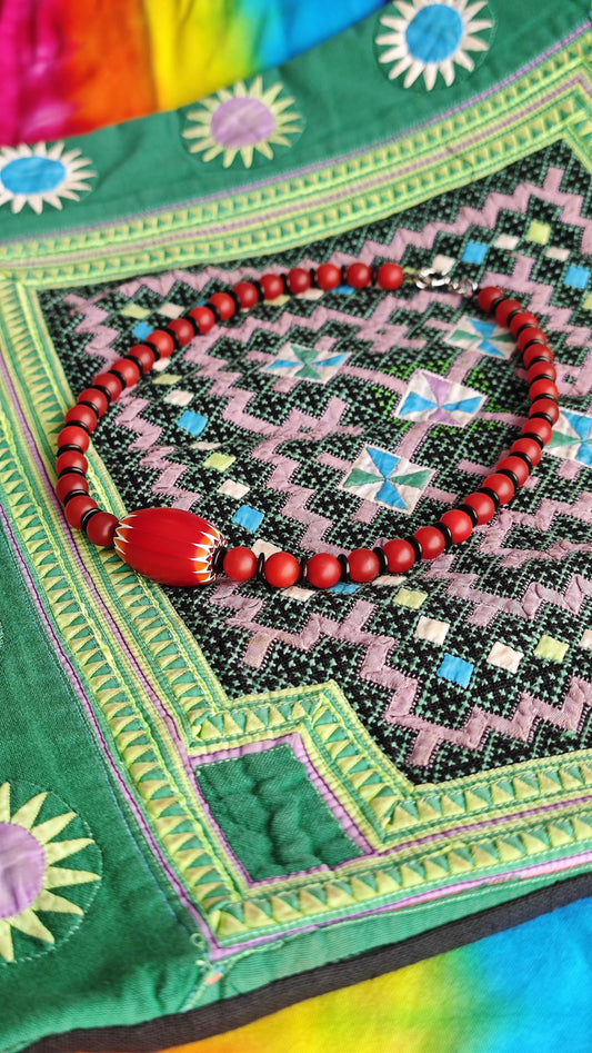 Red Chevron African Trade Bead Necklace, Nan Hong Agate, Coconut Disc, Stainless Steel Clasp