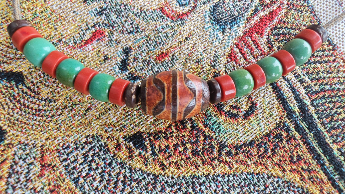 Vintage Tibetan Dzi Bead Necklace, Nan Hong Red Agate Turquoise Choker, Adjustable Ethnic Tribal Amulet, Spiritual Protection Pendant