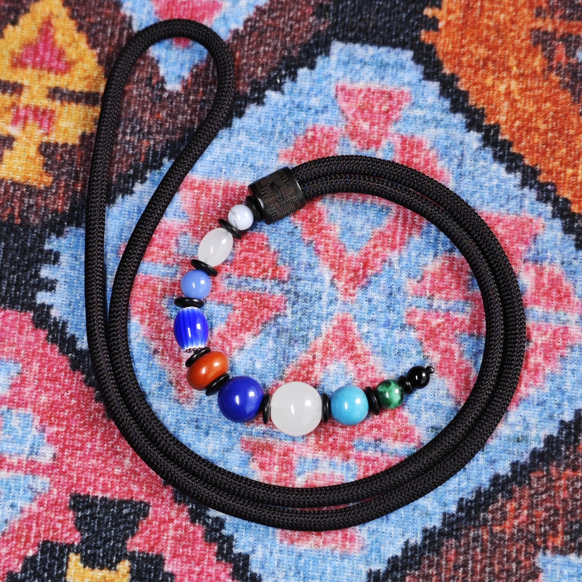 Multi-Gemstone Beaded Pendant Necklace, Mutton Fat White Jade, Lapis Lazuli, Turquoise, African Trade Bead, Long Boho Black Cord Necklace