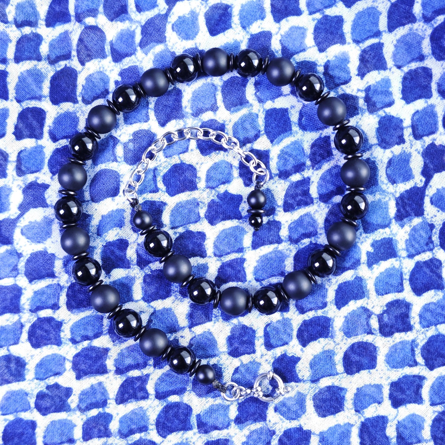 Matte Glossy Black Onyx Necklace, Agate Beaded Choker, Coconut Shell Spacer, Stainless Steel Chain, Goth Minimalist Unisex Jewelry 43cm