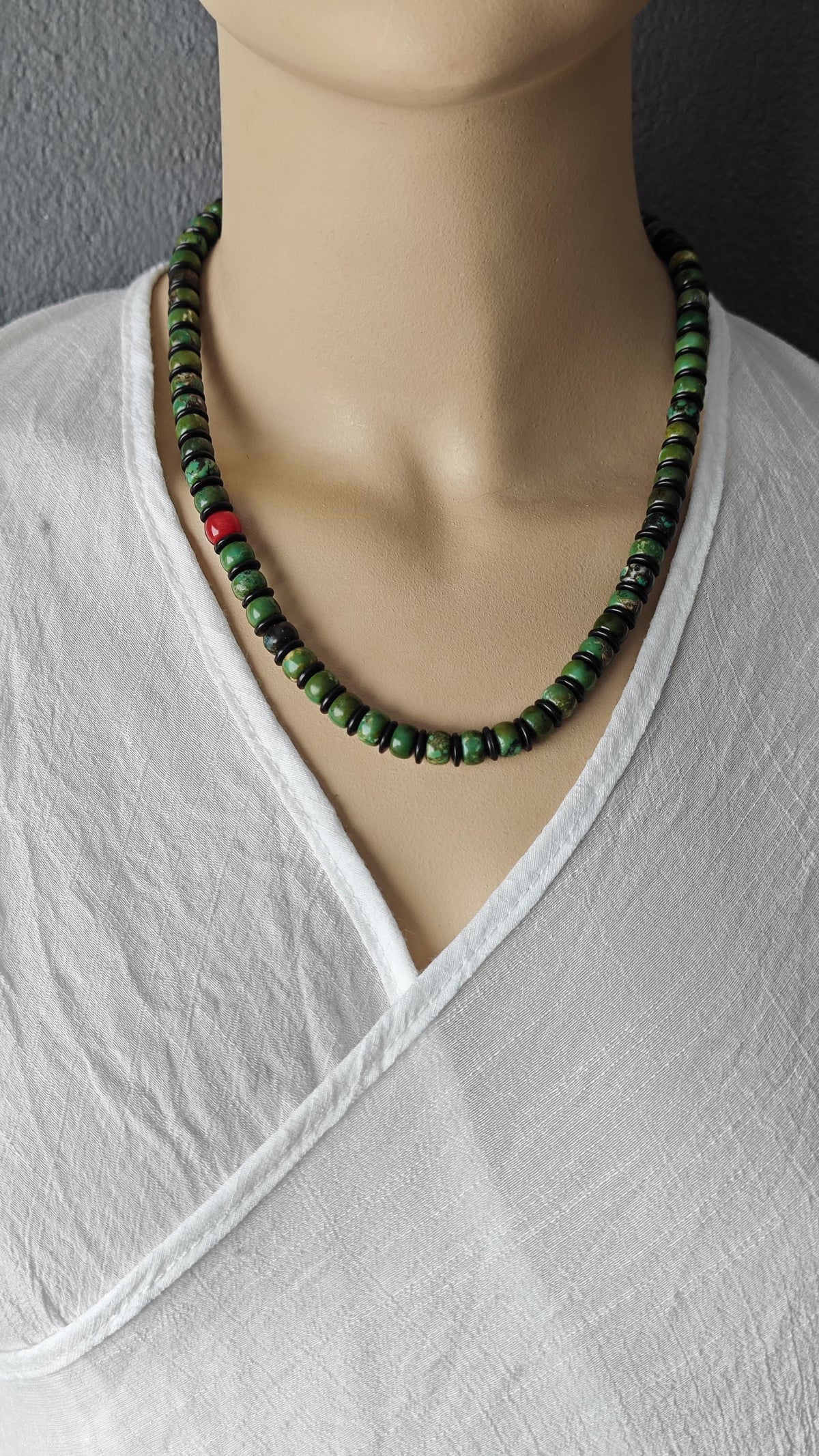Turquoise Disc Beaded Necklace, Red Agate Accent, Coconut Shell Choker, Unisex Surfer Jewelry (50-58cm)