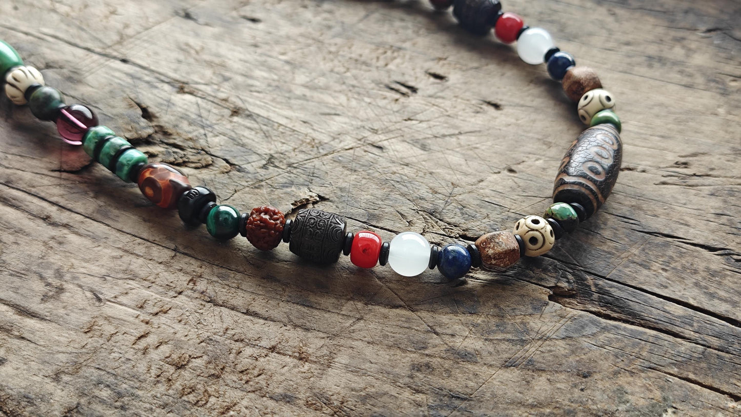 Vintage 3-Eye Dzi Bead Multi Gemstone Necklace, Turquoise Lapis Lazuli Mala, Boho Yoga Amulet