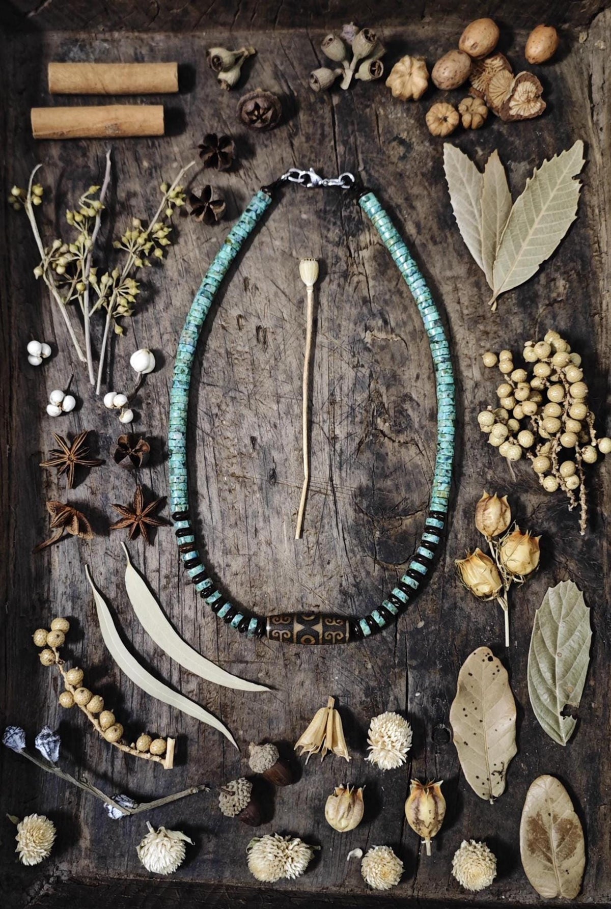 Handmade Vintage Dzi Bead Necklace with Turquoise & Coconut | Ethnic Spiritual Jewelry