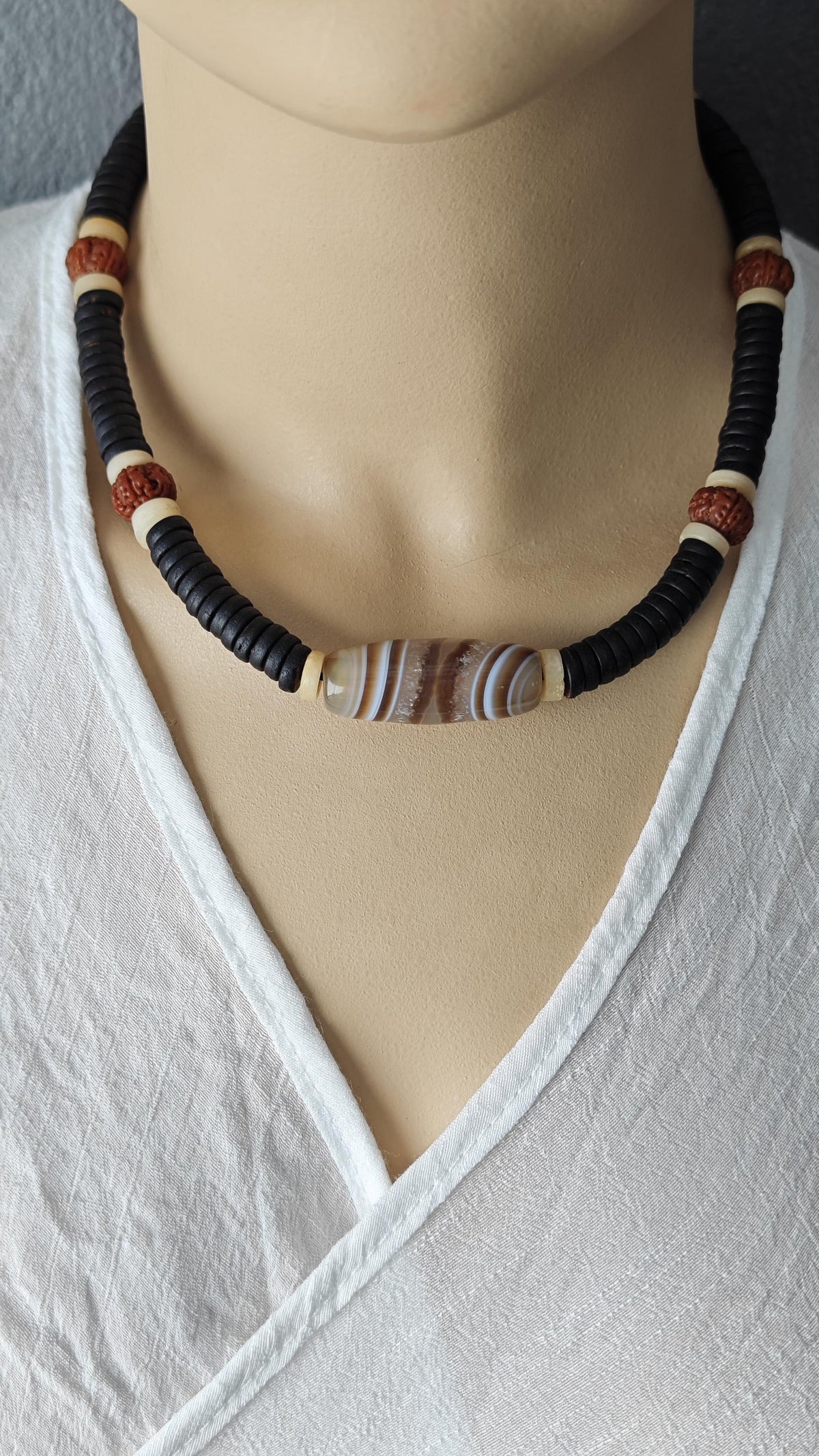 Natural Sardonyx Agate Bead Necklace, Rudraksha Mala Yak Bone Choker, Tribal Coconut Shell Amulet, Spiritual Protection, Adjustable 44-60cm