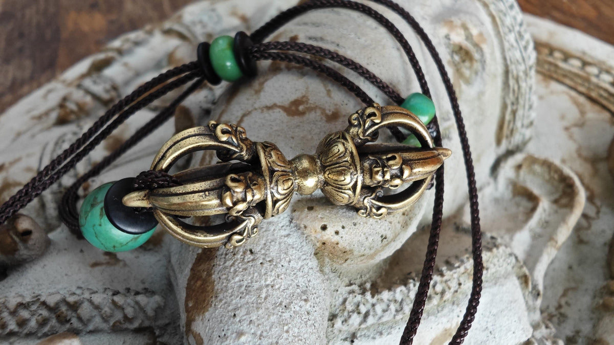 Brass Dorje Vajra Pendant Necklace, Turquoise Gemstone Choker, Tibetan Protection Amulet, Spiritual Yoga Gift, Adjustable Cord 40-76cm