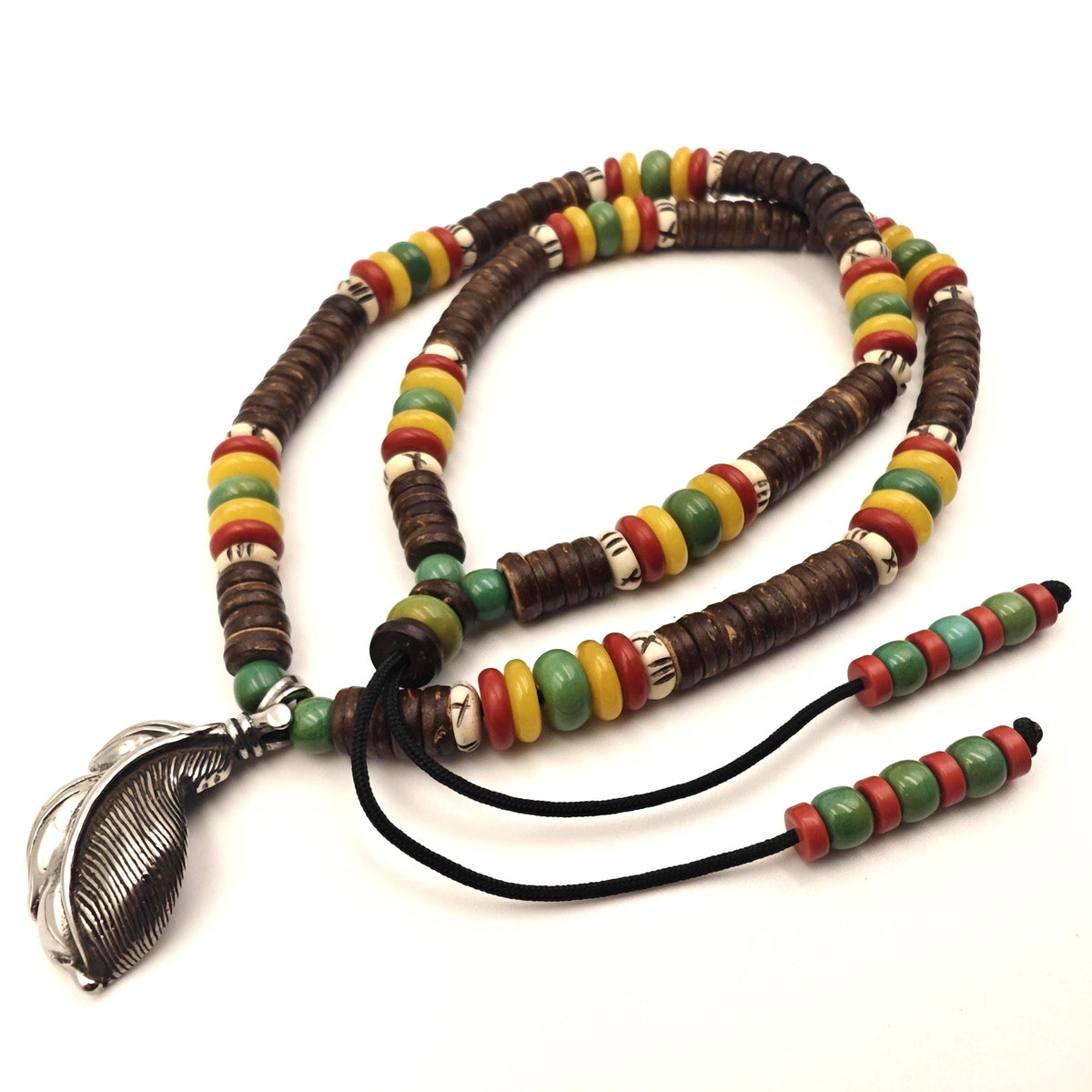 Boho Feather Pendant Beaded Necklace, Turquoise Yellow Jade Red Agate Choker, Yak Bone Tribal Surfer Jewelry, Unisex Gemstone Necklace 58cm