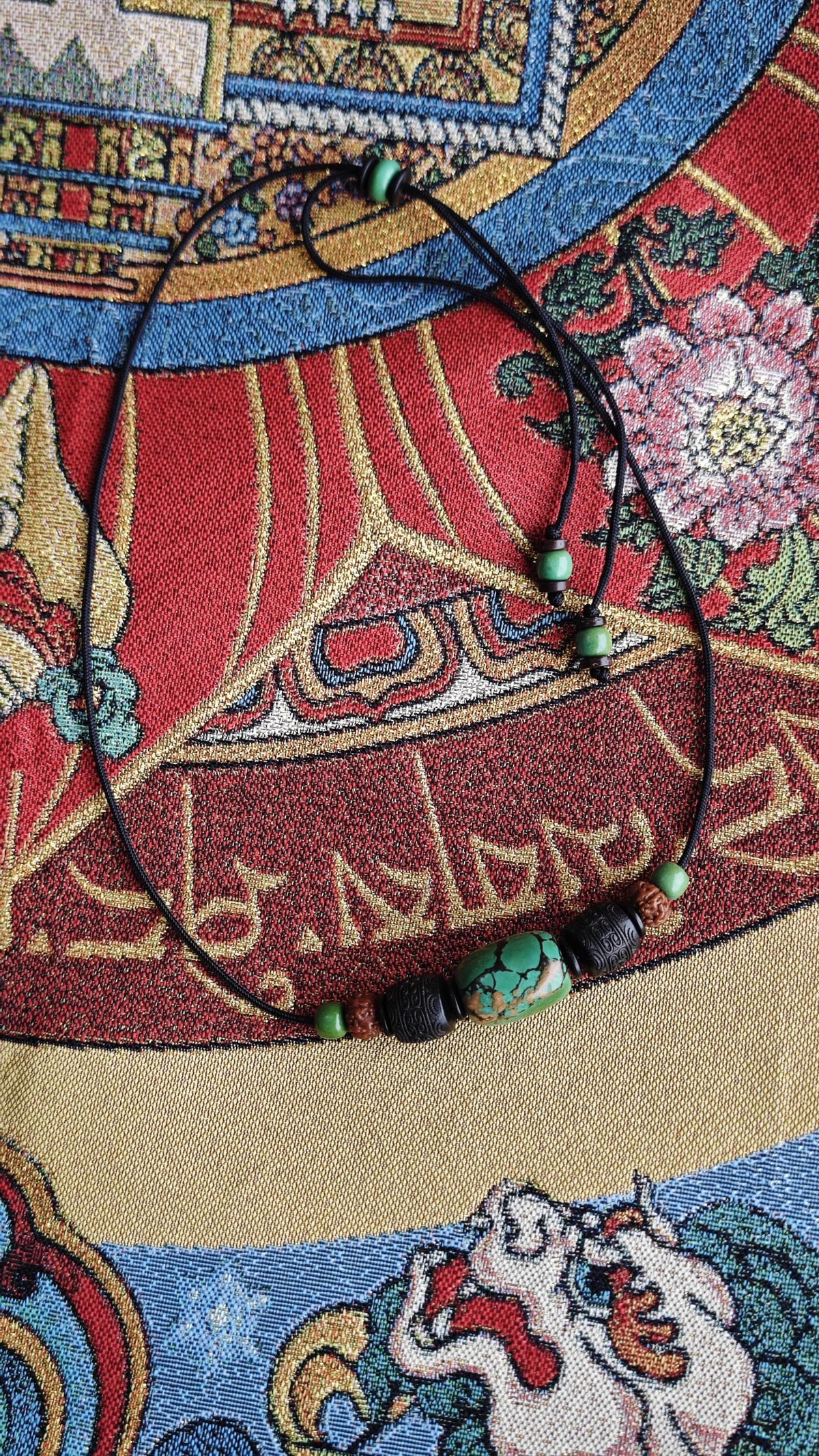 Genuine Turquoise Barrel Necklace, Hand Carved Hardwood Choker, Rudraksha Mala Beads, Tribal Boho Amulet 40-65cm