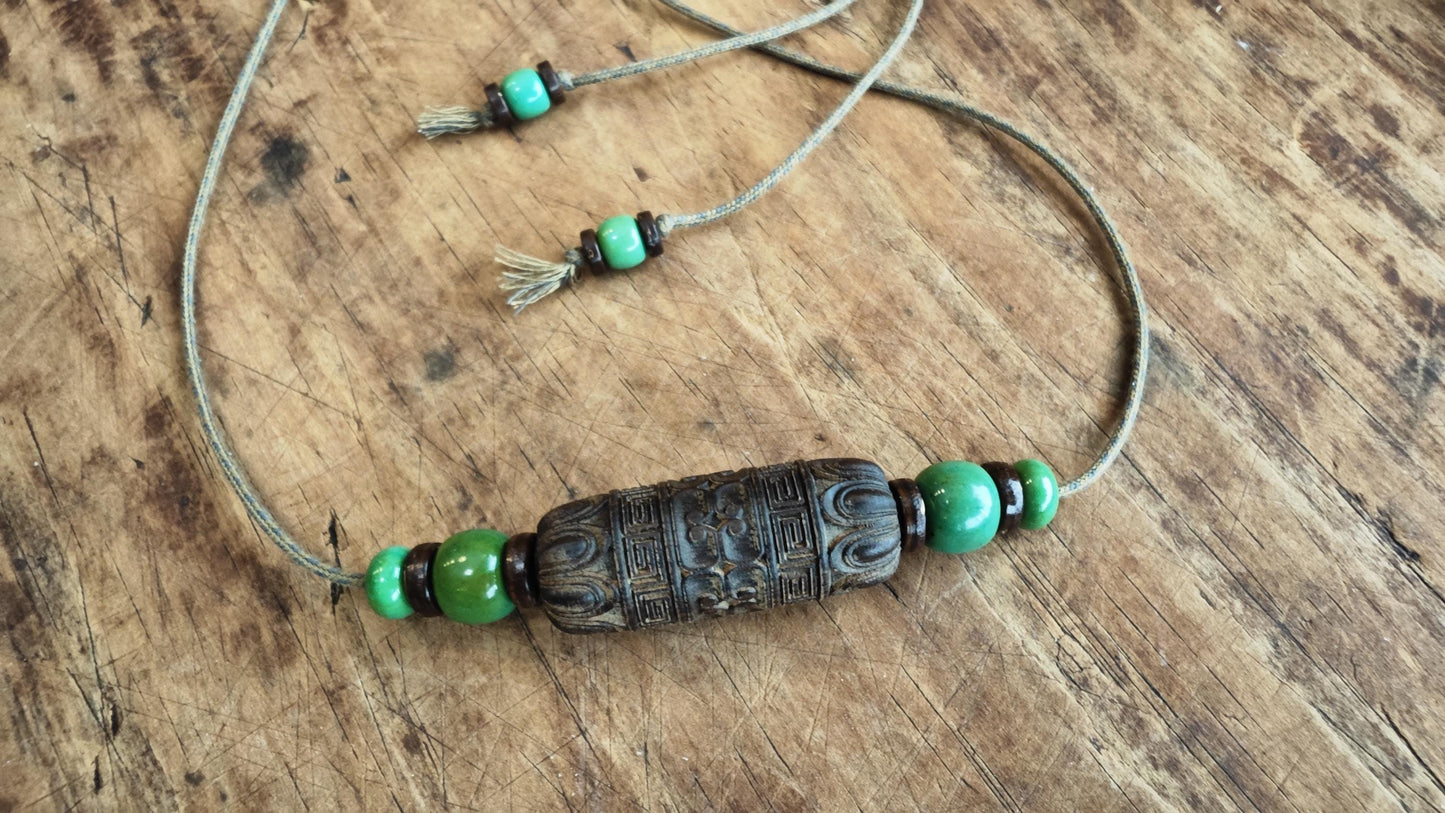Hand Carved Hardwood Necklace, Large Carved Wood Bead Choker, Turquoise Tribal Boho Amulet, Adjustable Cord Pendant 40-70cm