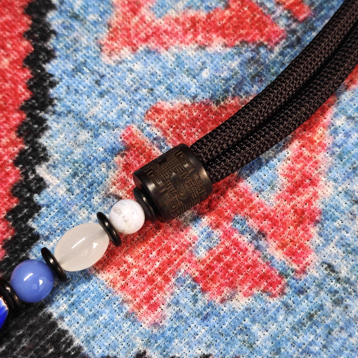 Multi-Gemstone Beaded Pendant Necklace, Mutton Fat White Jade, Lapis Lazuli, Turquoise, African Trade Bead, Long Boho Black Cord Necklace