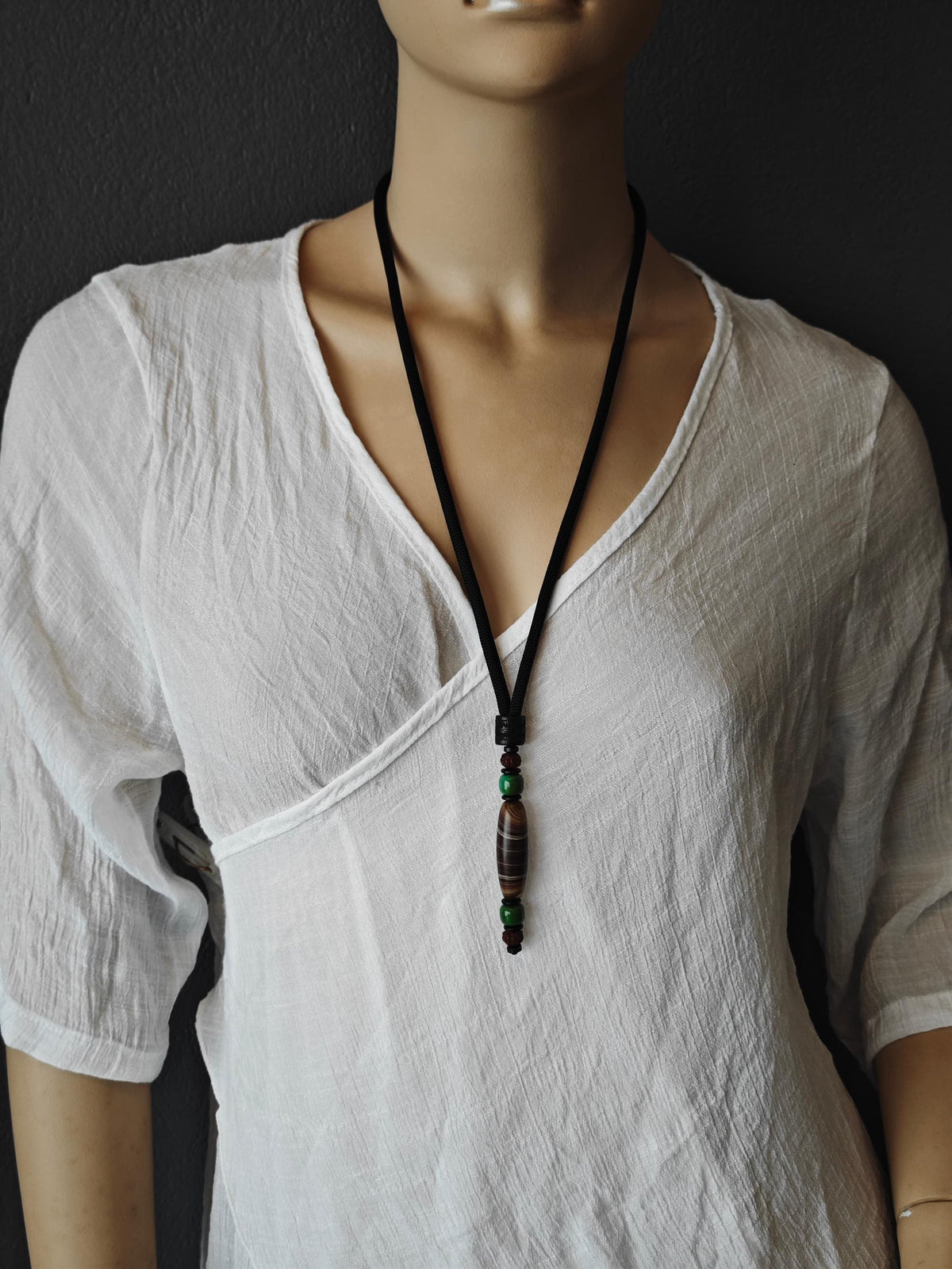 Tibetan Dzi Bead Necklace, Turquoise, Rudraksha, Wood, Coconut Shell, Bohemian Jewelry