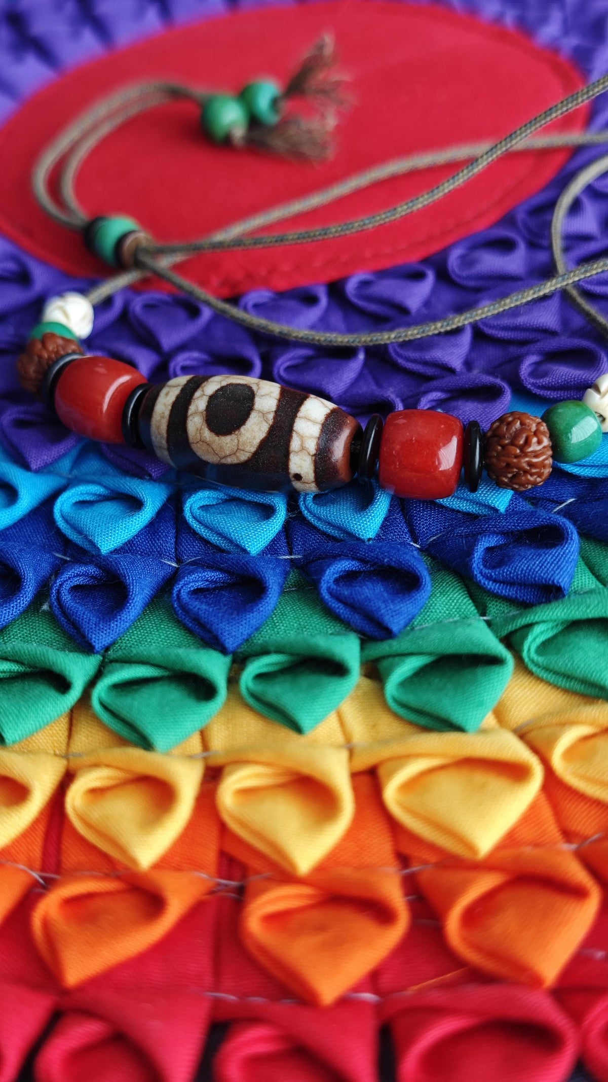 Vintage Tibetan Dzi Bead Necklace, Nan Hong Red Agate, Rudraksha, Yak Bone, Turquoise Amulet