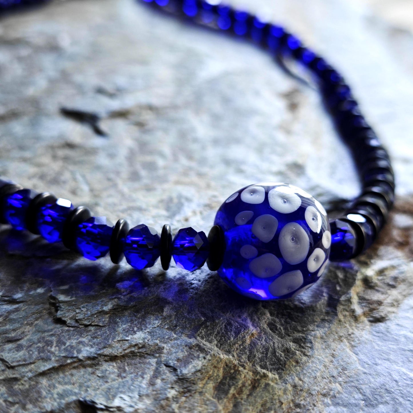 Handmade Chinese Liuli Bead Necklace with Blue Crystal & Coconut Spacers | Ethnic Bohemian Long Necklace