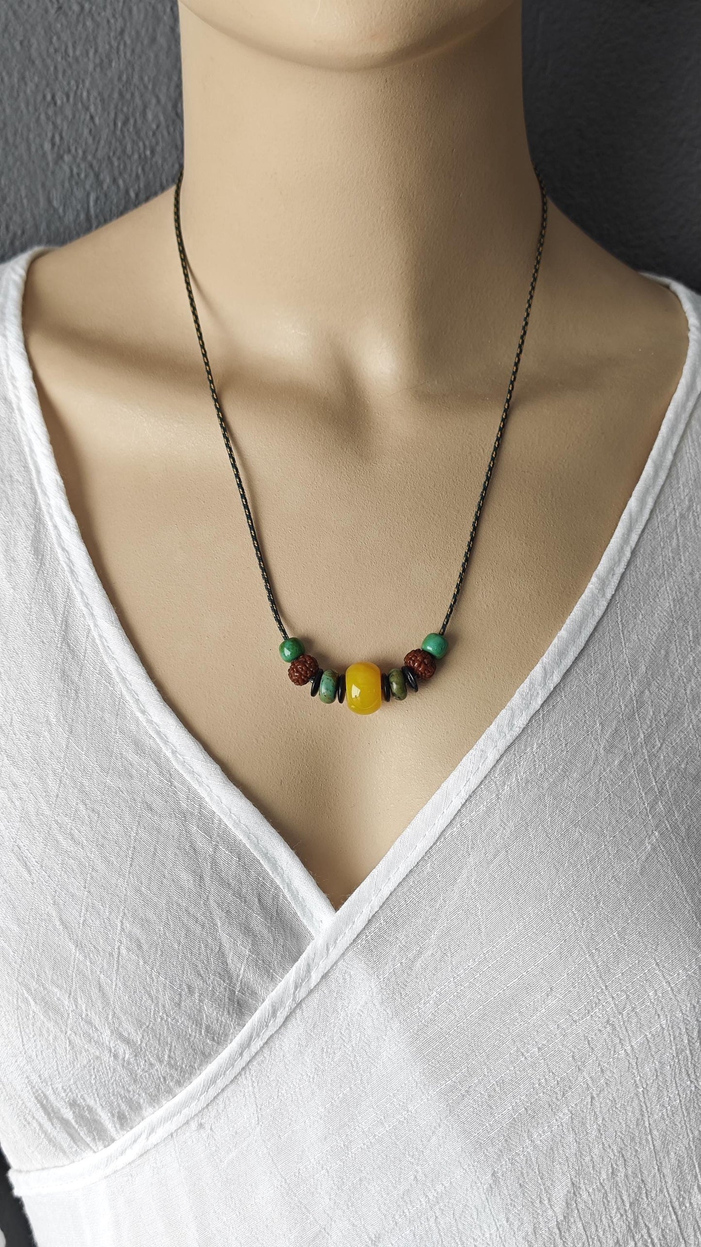 Natural Yellow Jade Focal Bead Necklace, Turquoise Rudraksha Mala Choker, Coconut Shell Ethnic Tribal Jewelry, Unisex Adjustable 42-70cm