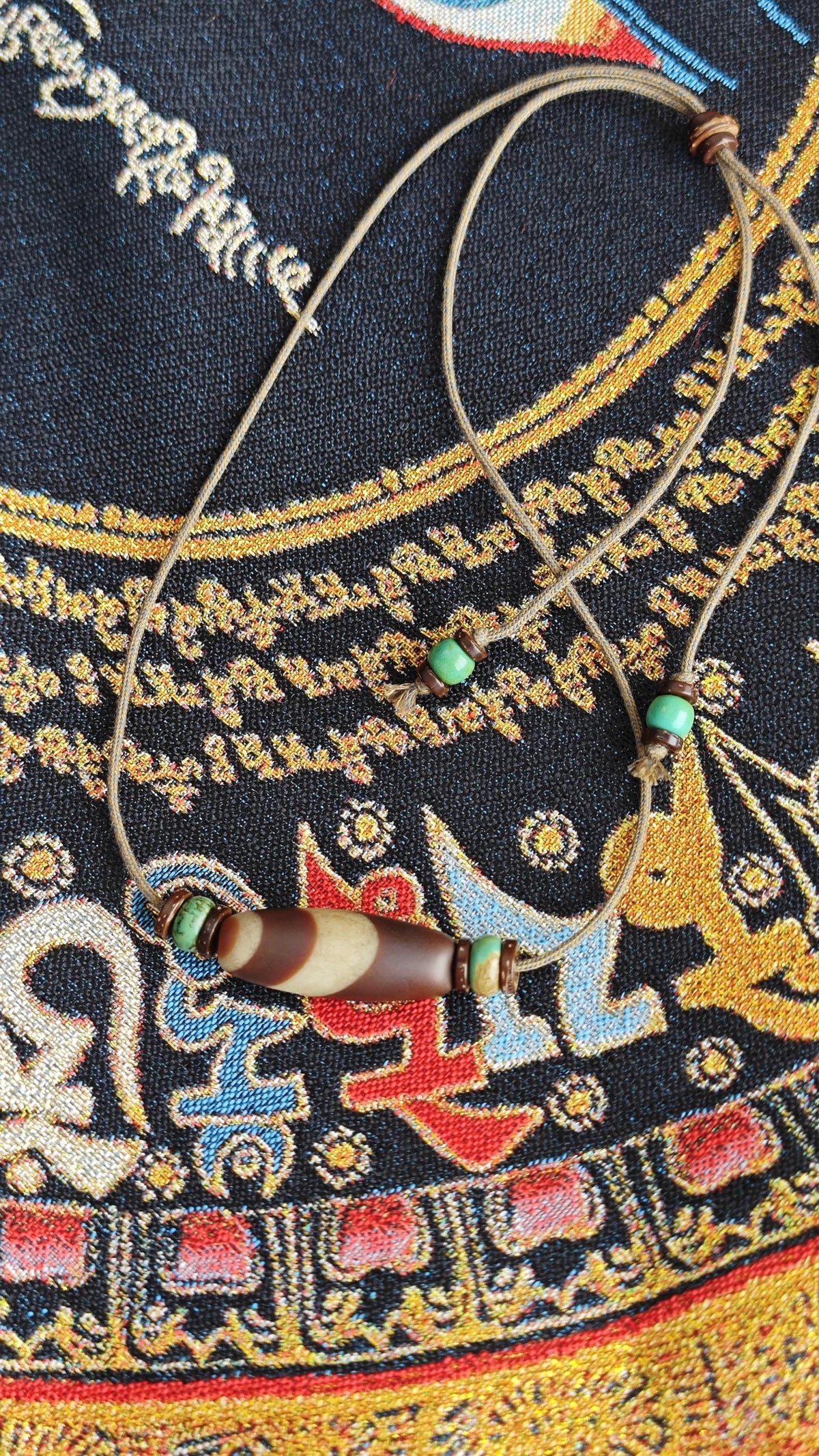 Vintage Tibetan Banded Agate Dzi Bead Necklace, Turquoise Choker, Tribal Boho Amulet (40-60cm)