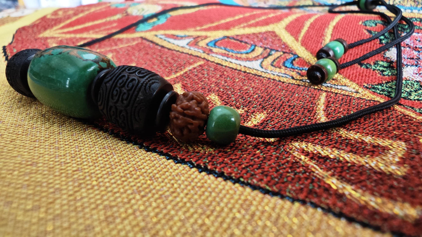 Genuine Turquoise Barrel Necklace, Hand Carved Hardwood Choker, Rudraksha Mala Beads, Tribal Boho Amulet 40-65cm