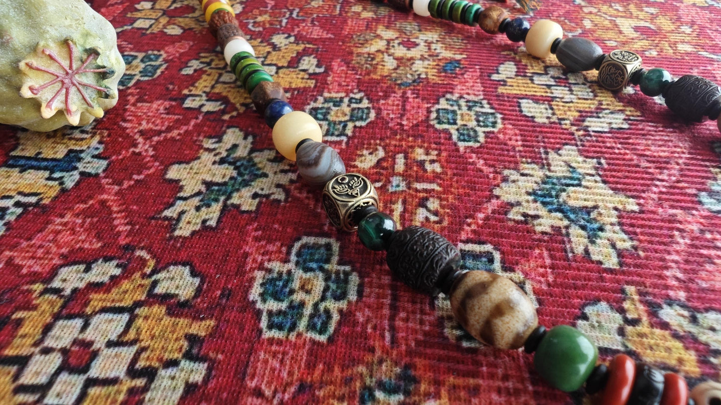 Vintage Tibetan 9 Eye Dzi Bead  Multi Gemstone Necklace, Handcarved Om Mani Padme Hum, Ethnic Tribal Amulet 62-80cm