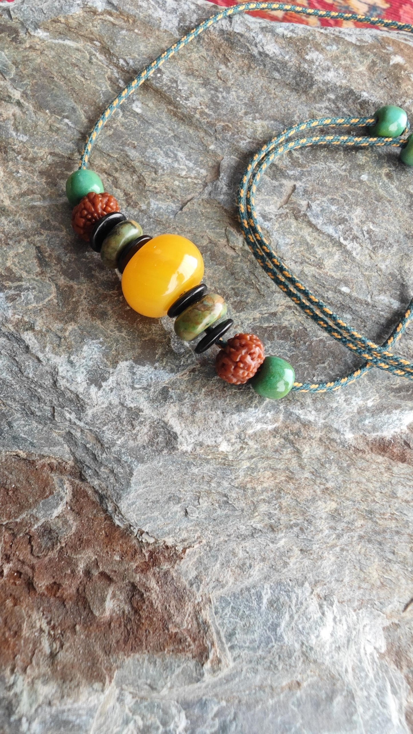 Natural Yellow Jade Focal Bead Necklace, Turquoise Rudraksha Mala Choker, Coconut Shell Ethnic Tribal Jewelry, Unisex Adjustable 42-70cm