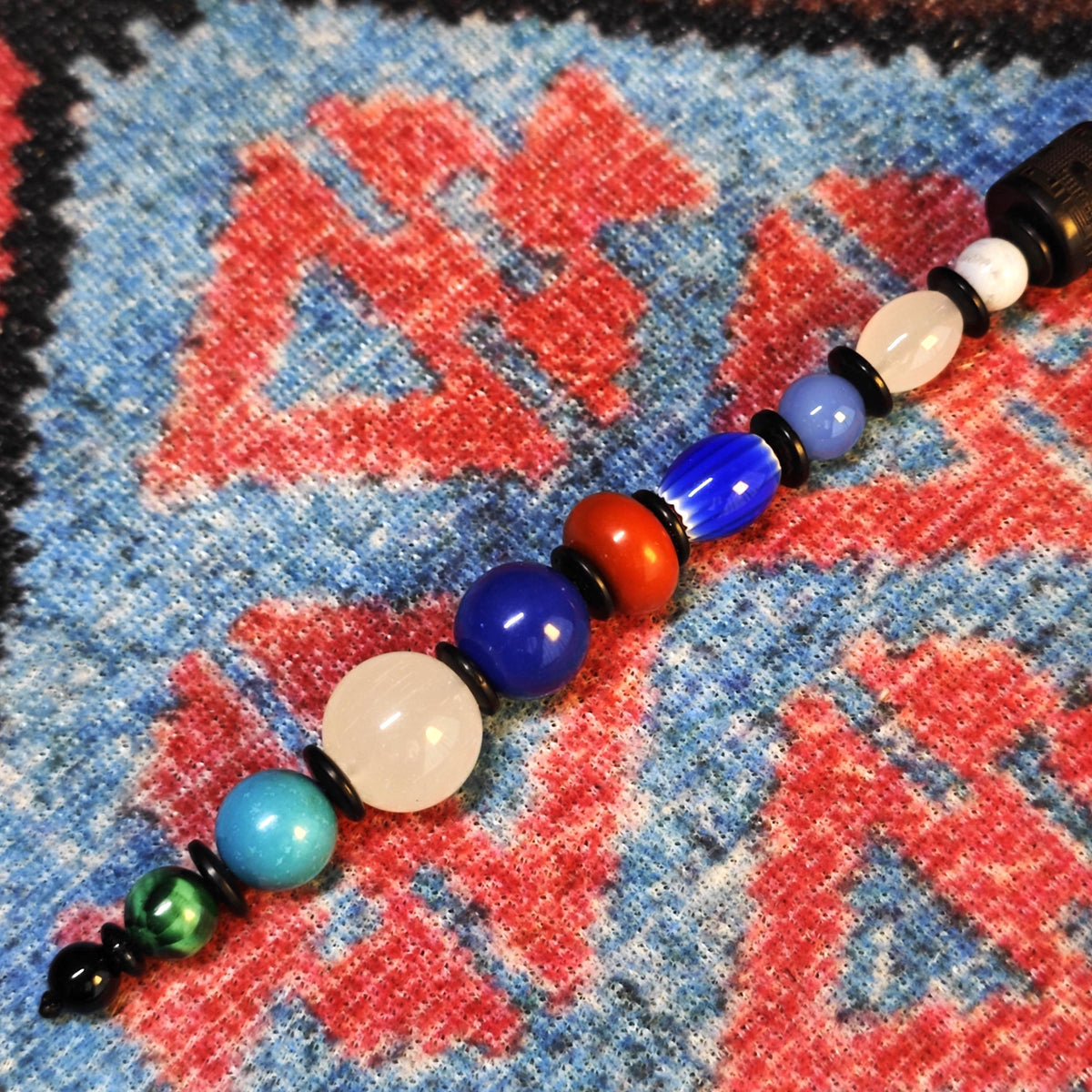 Multi-Gemstone Beaded Pendant Necklace, Mutton Fat White Jade, Lapis Lazuli, Turquoise, African Trade Bead, Long Boho Black Cord Necklace