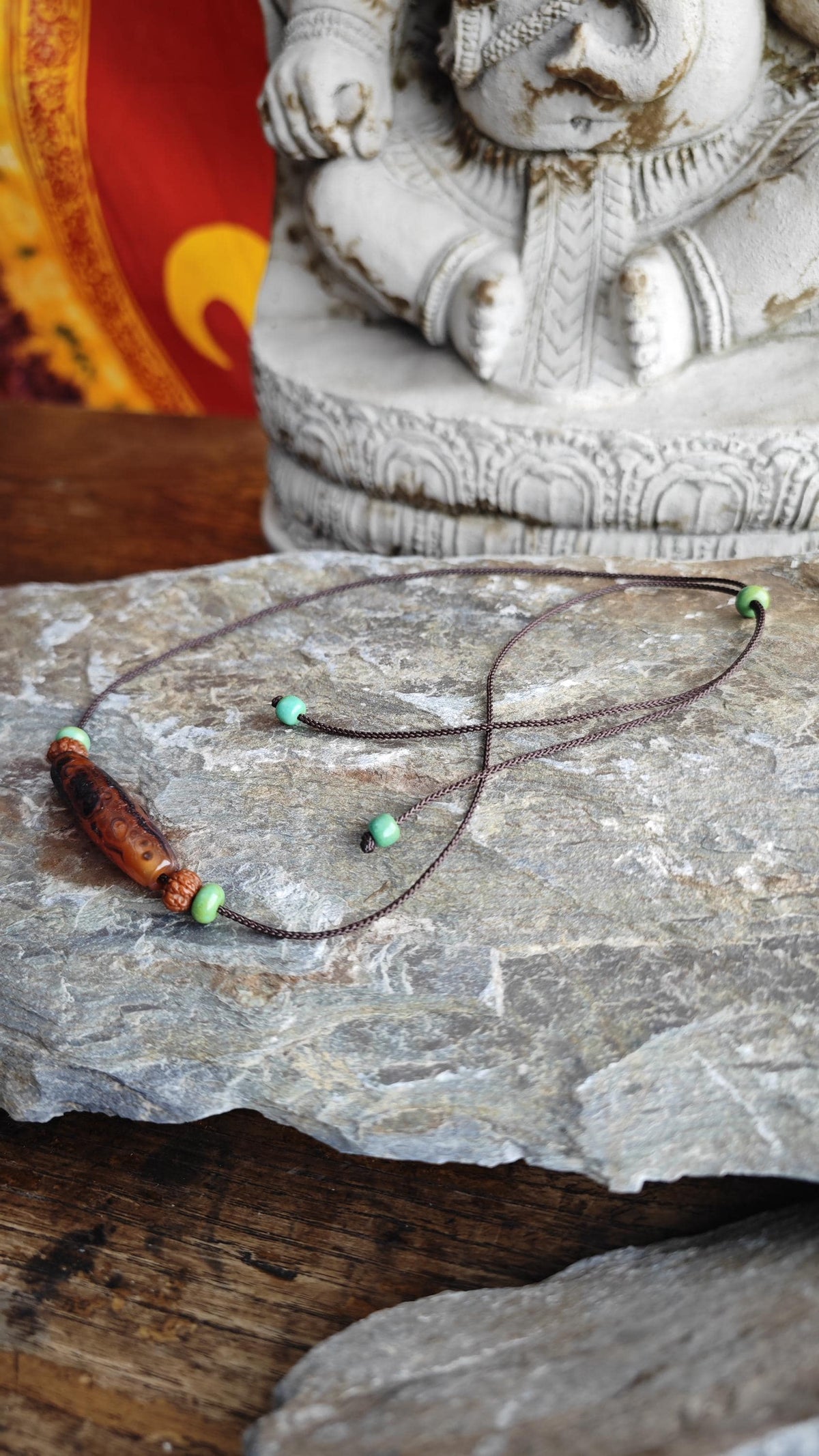 Tibetan Banded Agate Dzi Bead Necklace, Turquoise Rudraksha Mala Choker, Zen Tribal Boho Amulet, Adjustable Cord Pendant 40-70cm