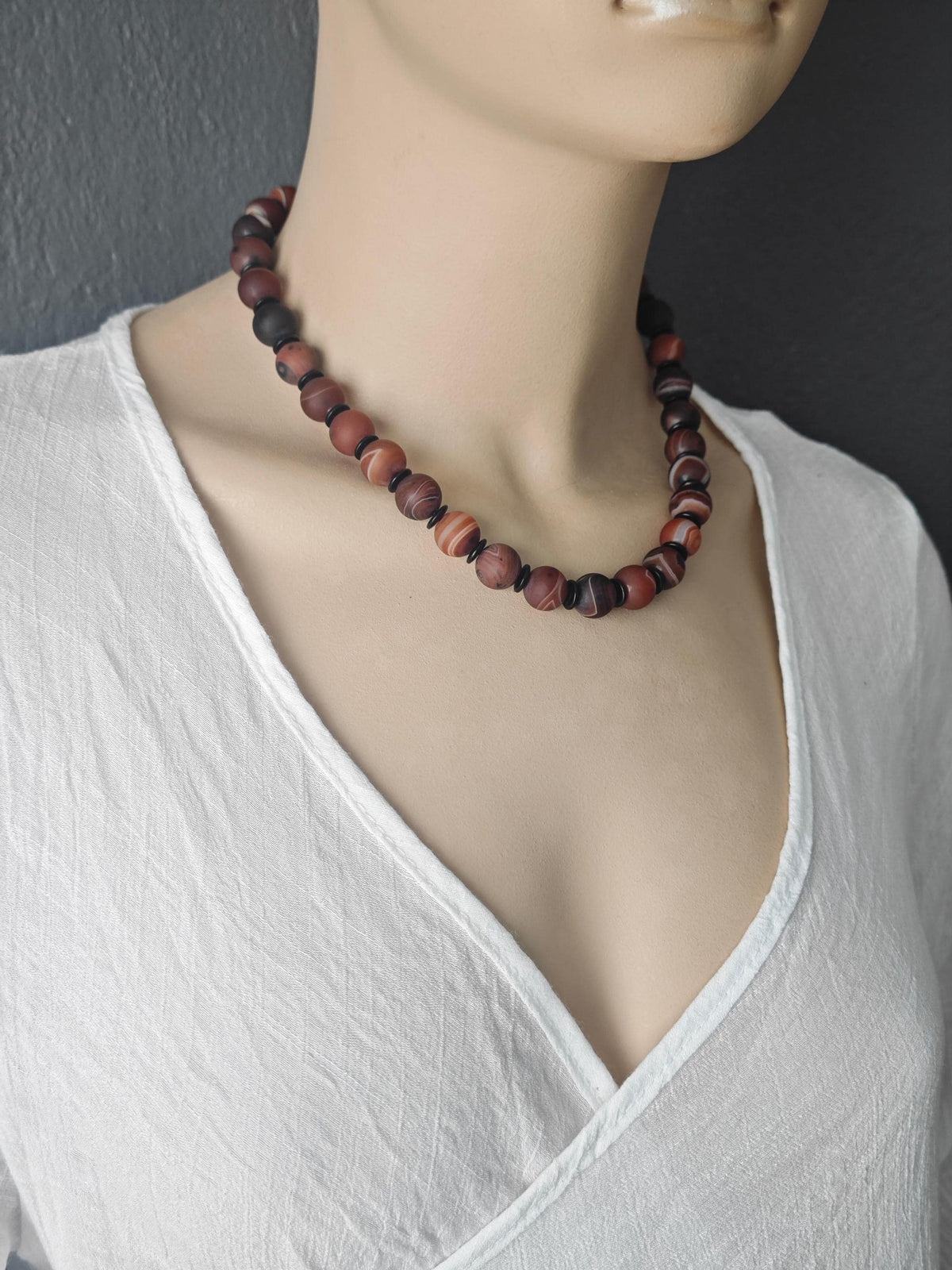 Handmade Matte Banded Agate Necklace with Coconut Spacers | Adjustable Ethnic Boho Jewelry