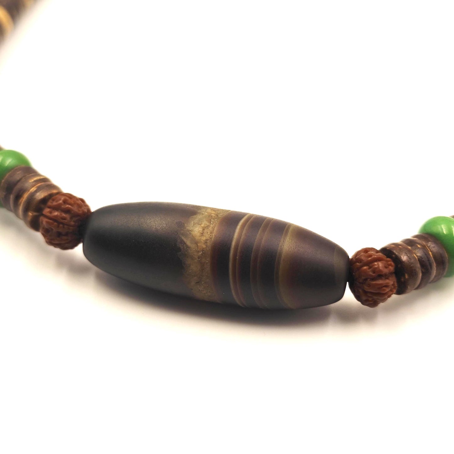 Tibetan Dzi Bead Necklace, Turquoise, Rudraksha, Coconut Shell, Ethnic Boho Jewelry