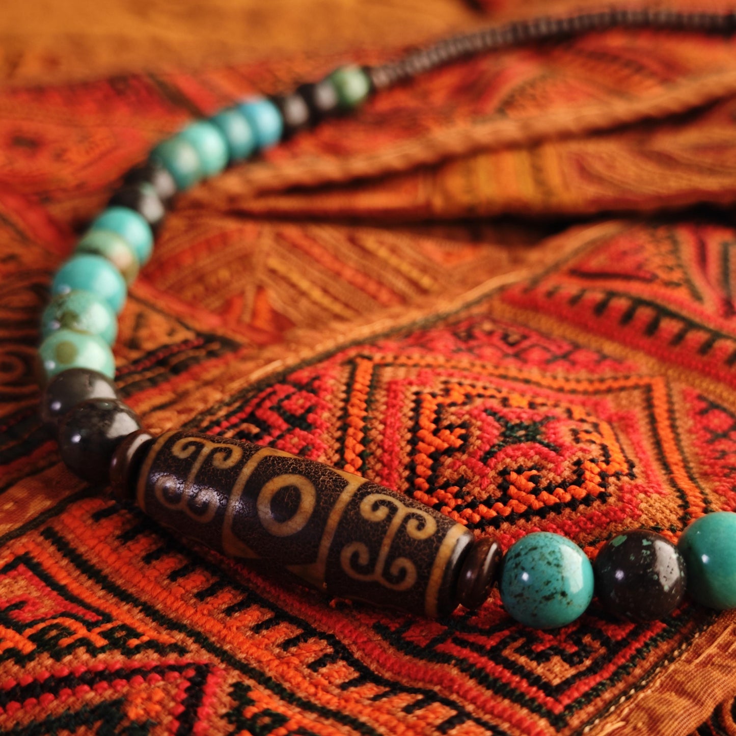 Handmade Vintage Dzi Bead Necklace with Turquoise & Coconut | Ethnic Spiritual Jewelry