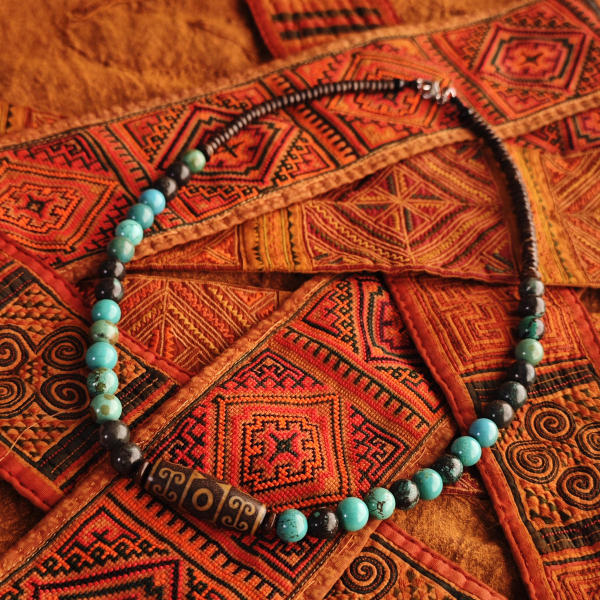 Handmade Vintage Dzi Bead Necklace with Turquoise & Coconut | Ethnic Spiritual Jewelry